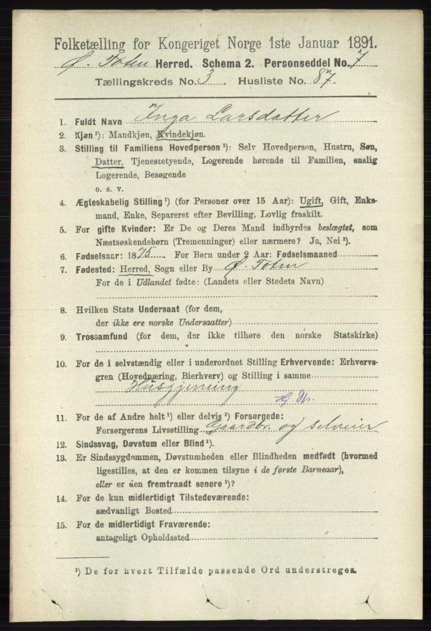 RA, 1891 census for 0528 Østre Toten, 1891, p. 2055