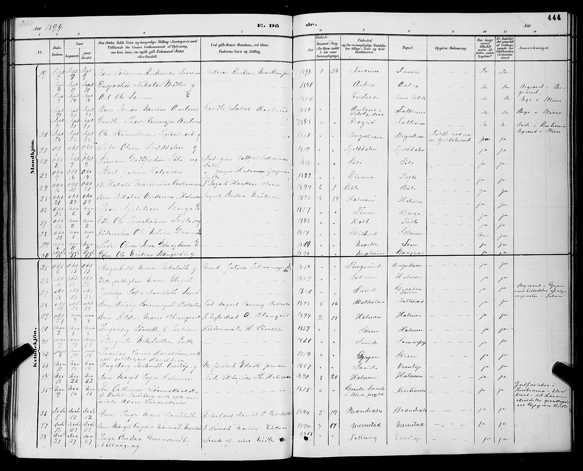 Gjerpen kirkebøker, SAKO/A-265/G/Ga/L0002: Parish register (copy) no. I 2, 1883-1900, p. 444