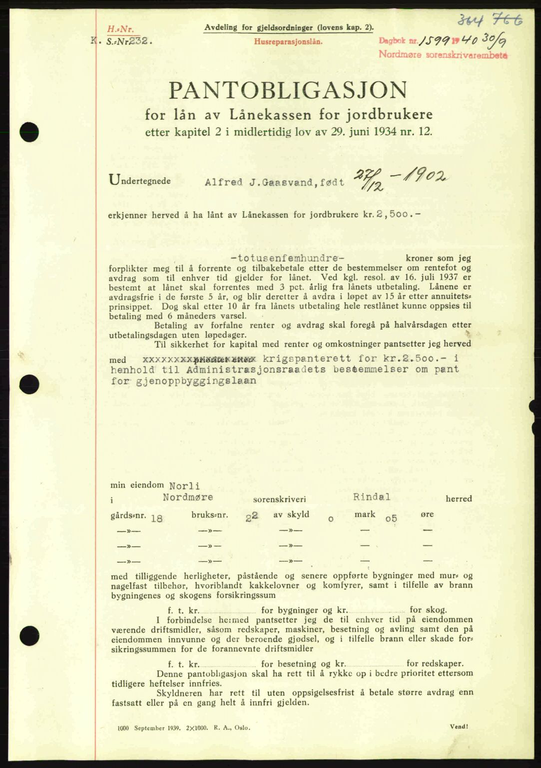 Nordmøre sorenskriveri, AV/SAT-A-4132/1/2/2Ca: Mortgage book no. B87, 1940-1941, Diary no: : 1599/1940