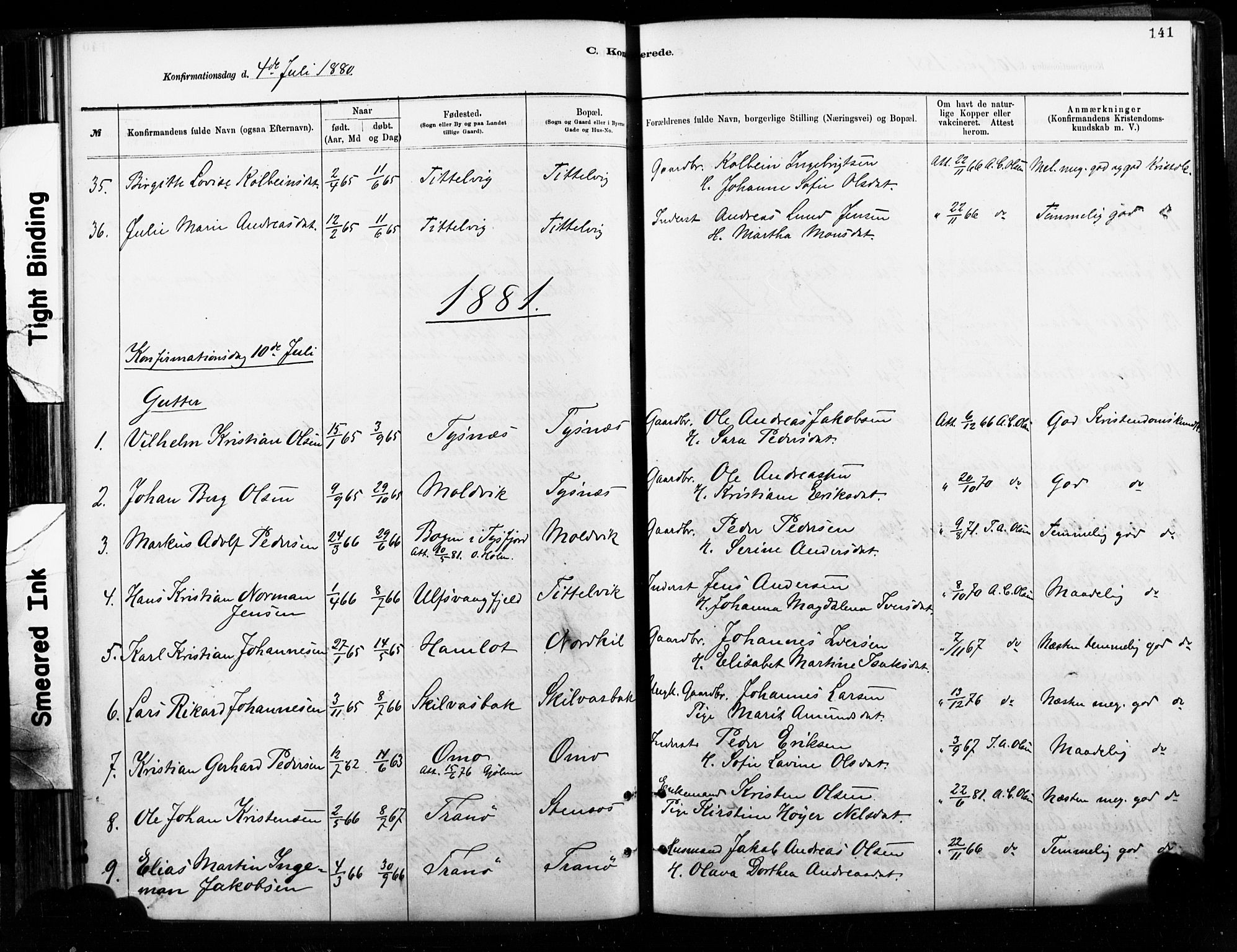 Ministerialprotokoller, klokkerbøker og fødselsregistre - Nordland, AV/SAT-A-1459/859/L0846: Parish register (official) no. 859A06, 1878-1889, p. 141