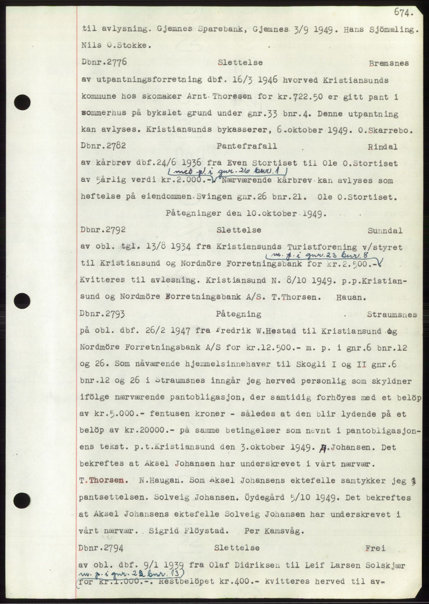 Nordmøre sorenskriveri, SAT/A-4132/1/2/2Ca: Mortgage book no. C82b, 1946-1951, Diary no: : 2776/1949
