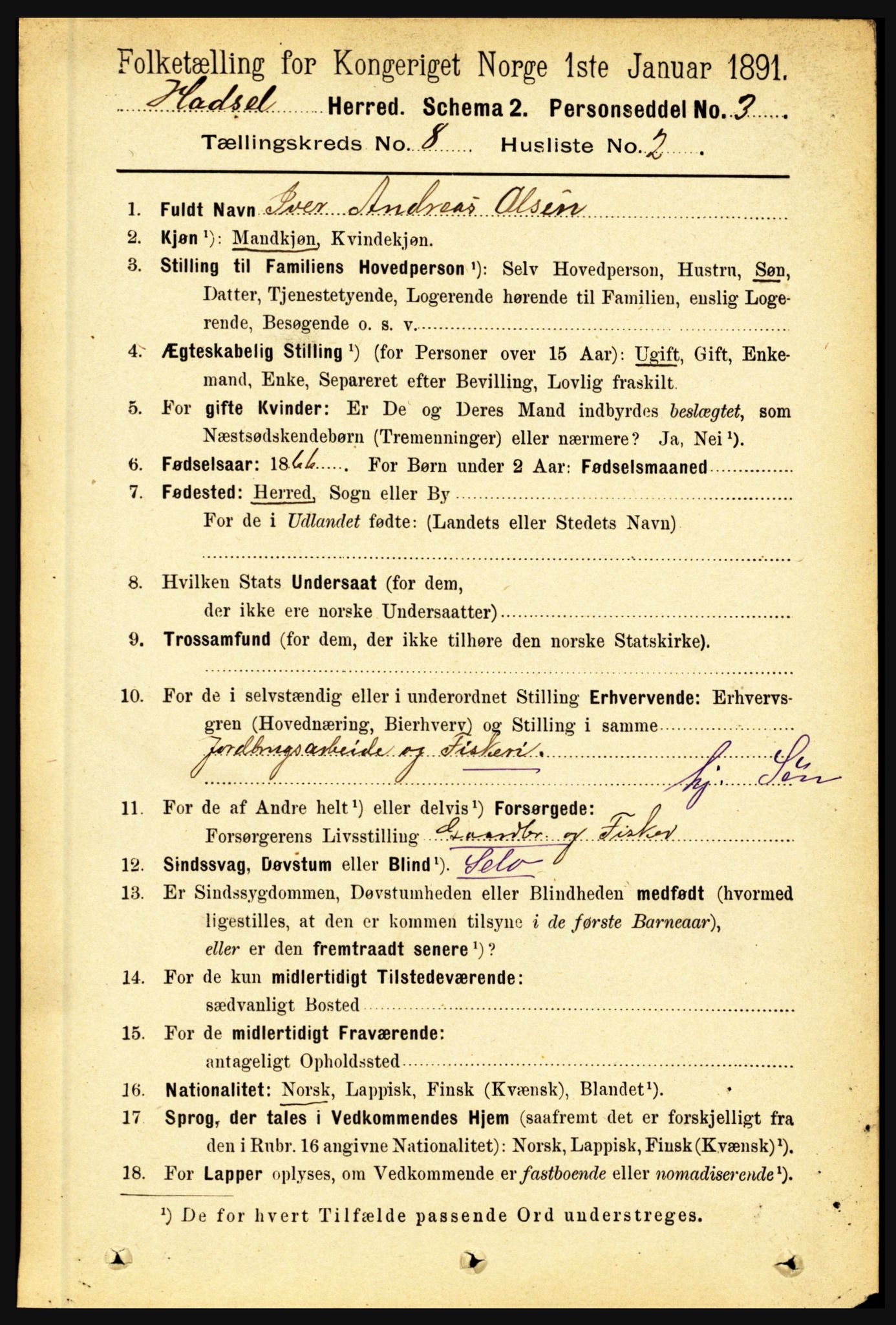 RA, 1891 census for 1866 Hadsel, 1891, p. 3587