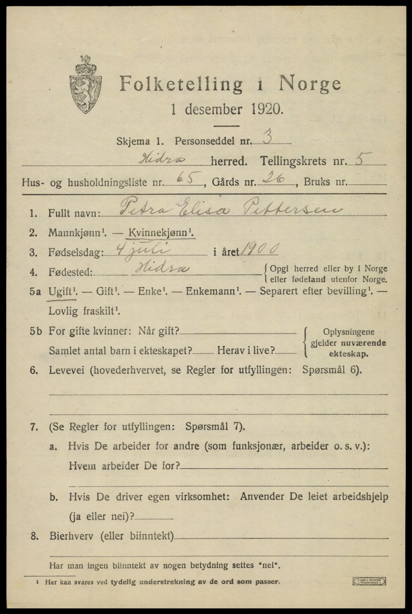 SAK, 1920 census for Hidra, 1920, p. 4068