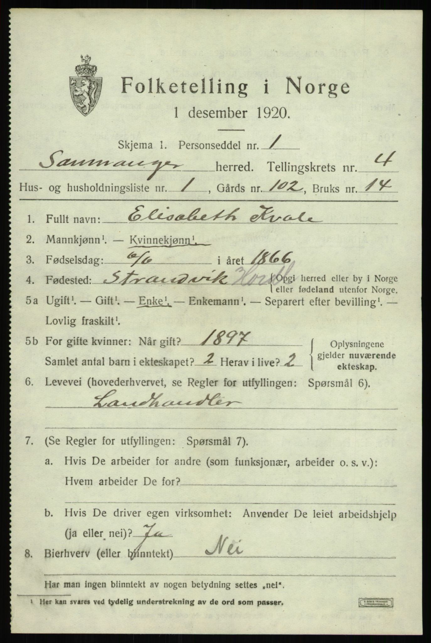 SAB, 1920 census for Samnanger, 1920, p. 1671