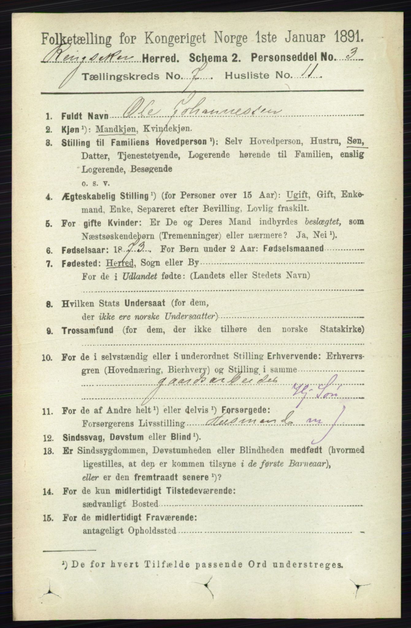 RA, 1891 census for 0412 Ringsaker, 1891, p. 3945