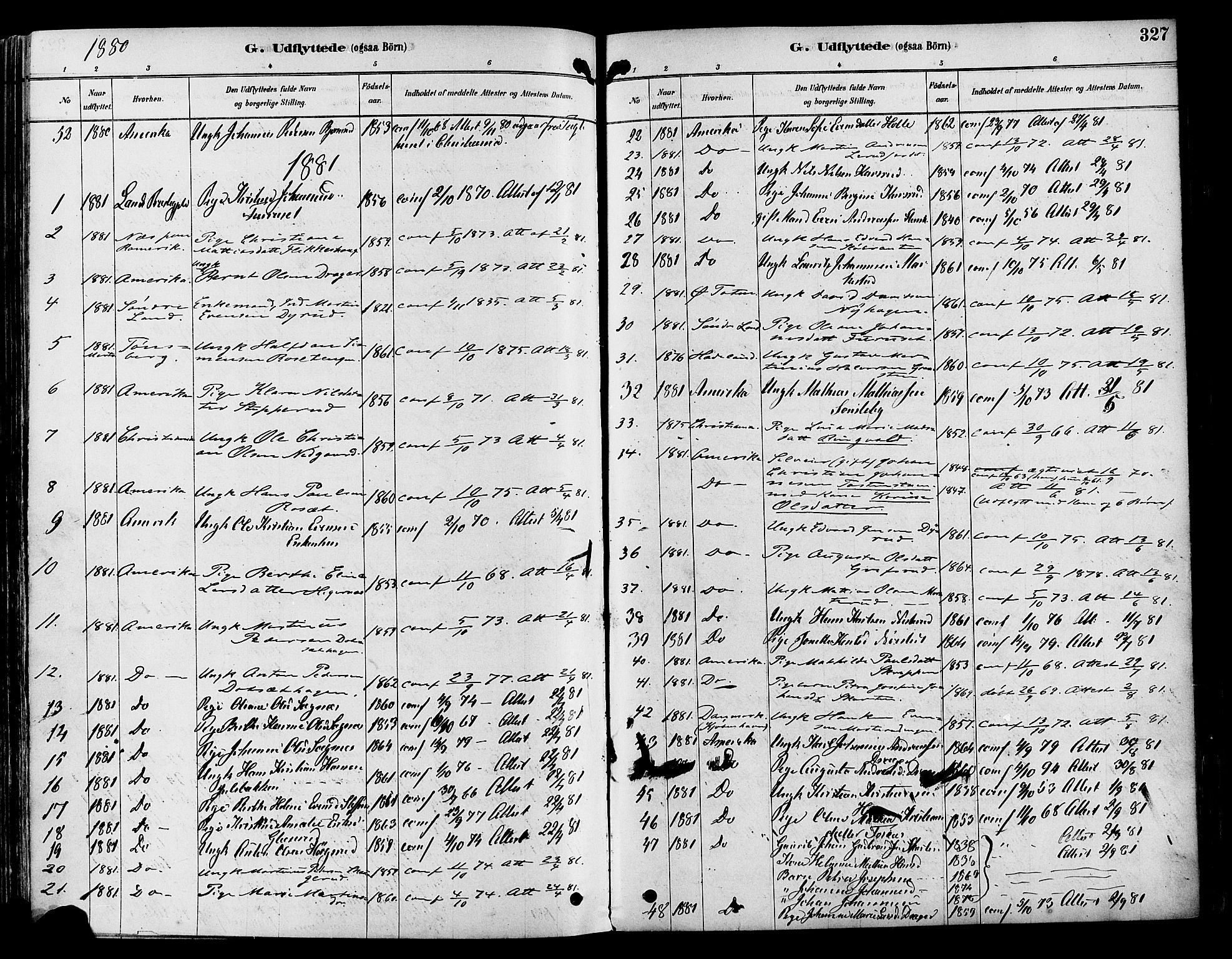 Vestre Toten prestekontor, SAH/PREST-108/H/Ha/Haa/L0009: Parish register (official) no. 9, 1878-1894, p. 327