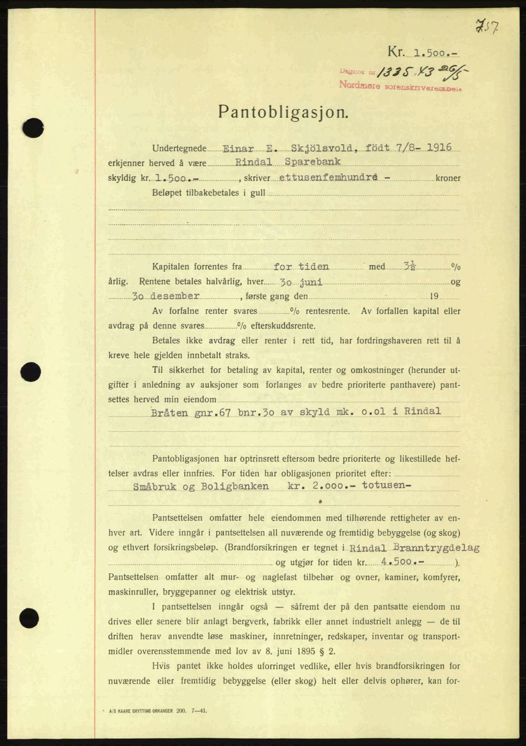 Nordmøre sorenskriveri, AV/SAT-A-4132/1/2/2Ca: Mortgage book no. B90, 1942-1943, Diary no: : 1335/1943