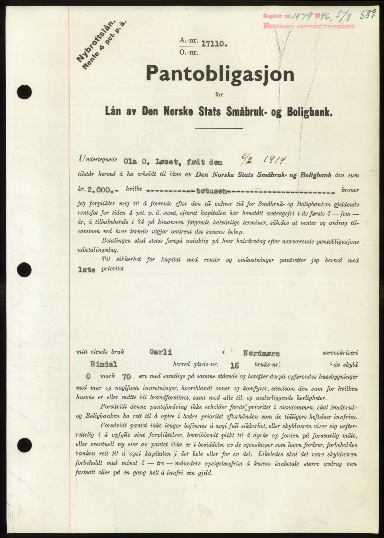 Nordmøre sorenskriveri, AV/SAT-A-4132/1/2/2Ca: Mortgage book no. B94, 1946-1946, Diary no: : 1479/1946