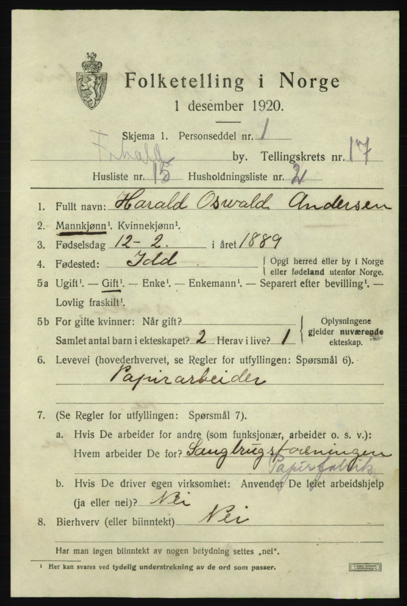 SAO, 1920 census for Fredrikshald, 1920, p. 26098