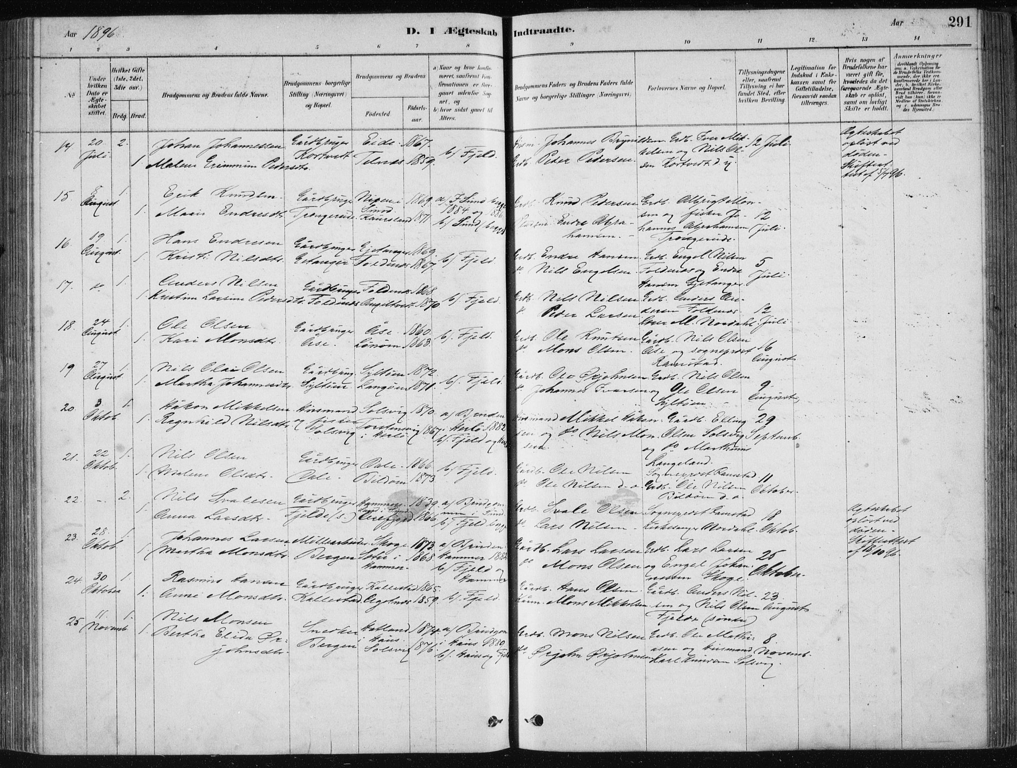 Fjell sokneprestembete, SAB/A-75301/H/Haa: Parish register (official) no. A  8, 1878-1898, p. 291