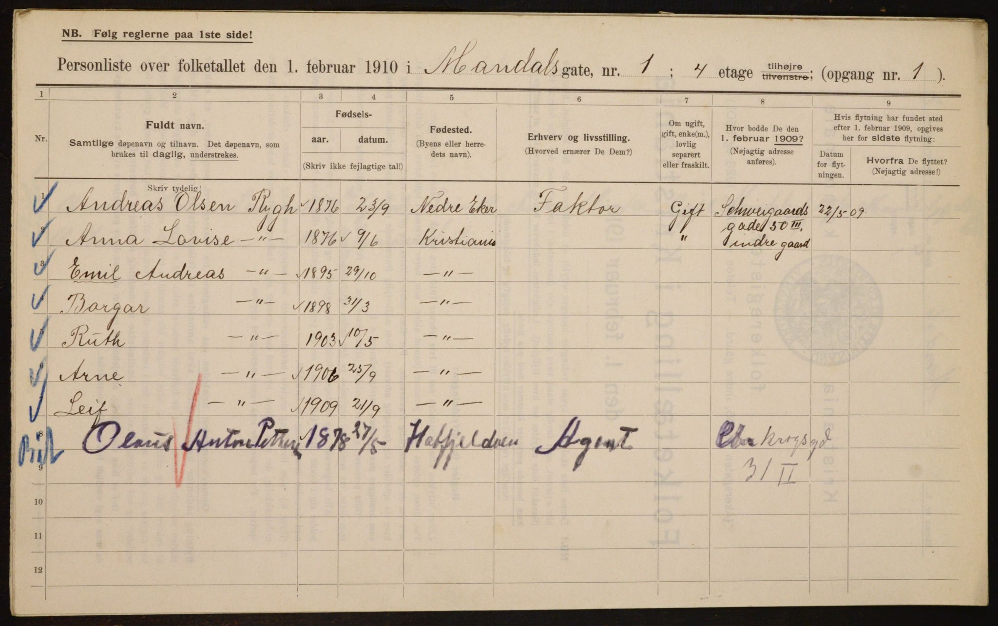 OBA, Municipal Census 1910 for Kristiania, 1910, p. 58078