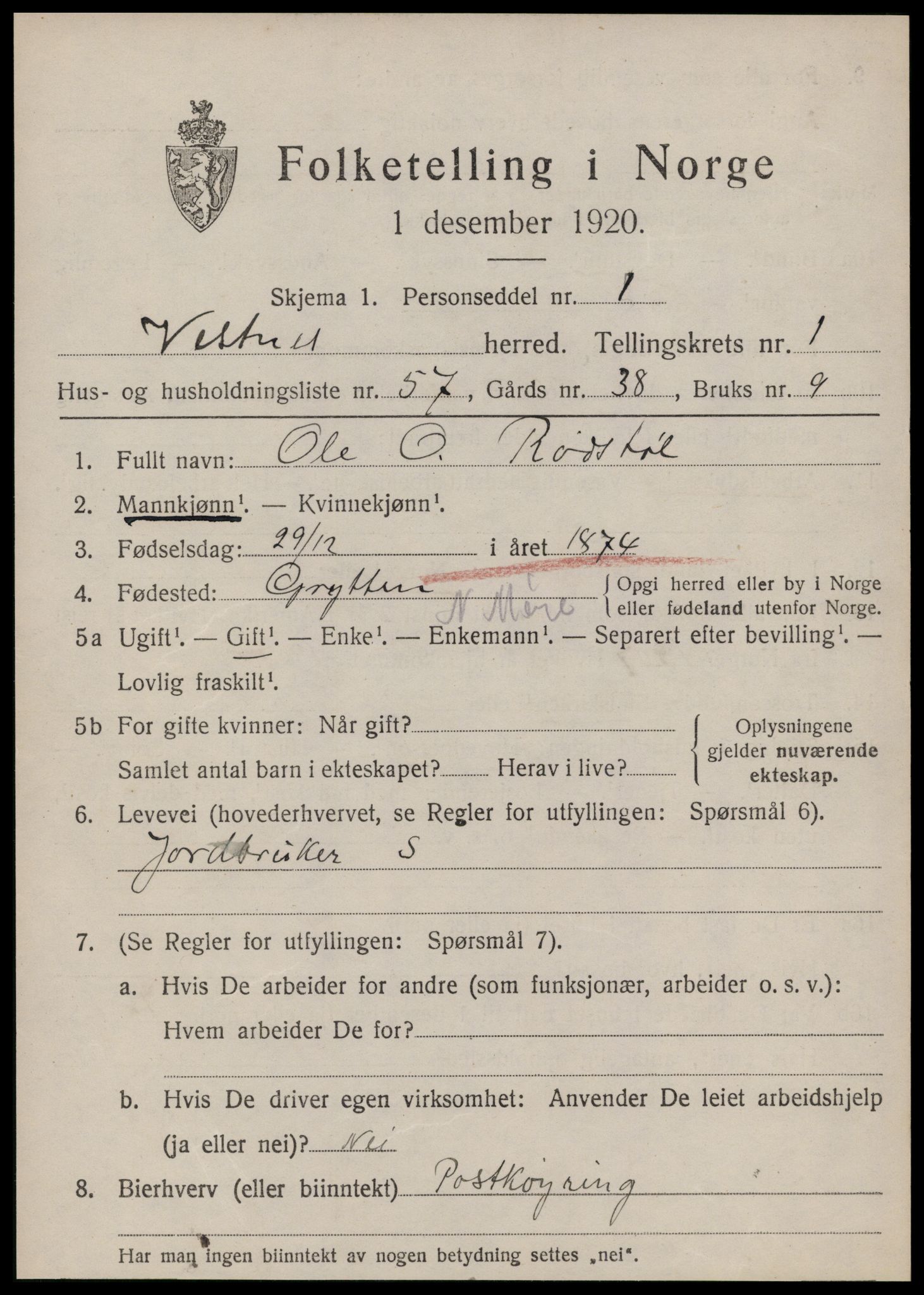 SAT, 1920 census for Vestnes, 1920, p. 1899