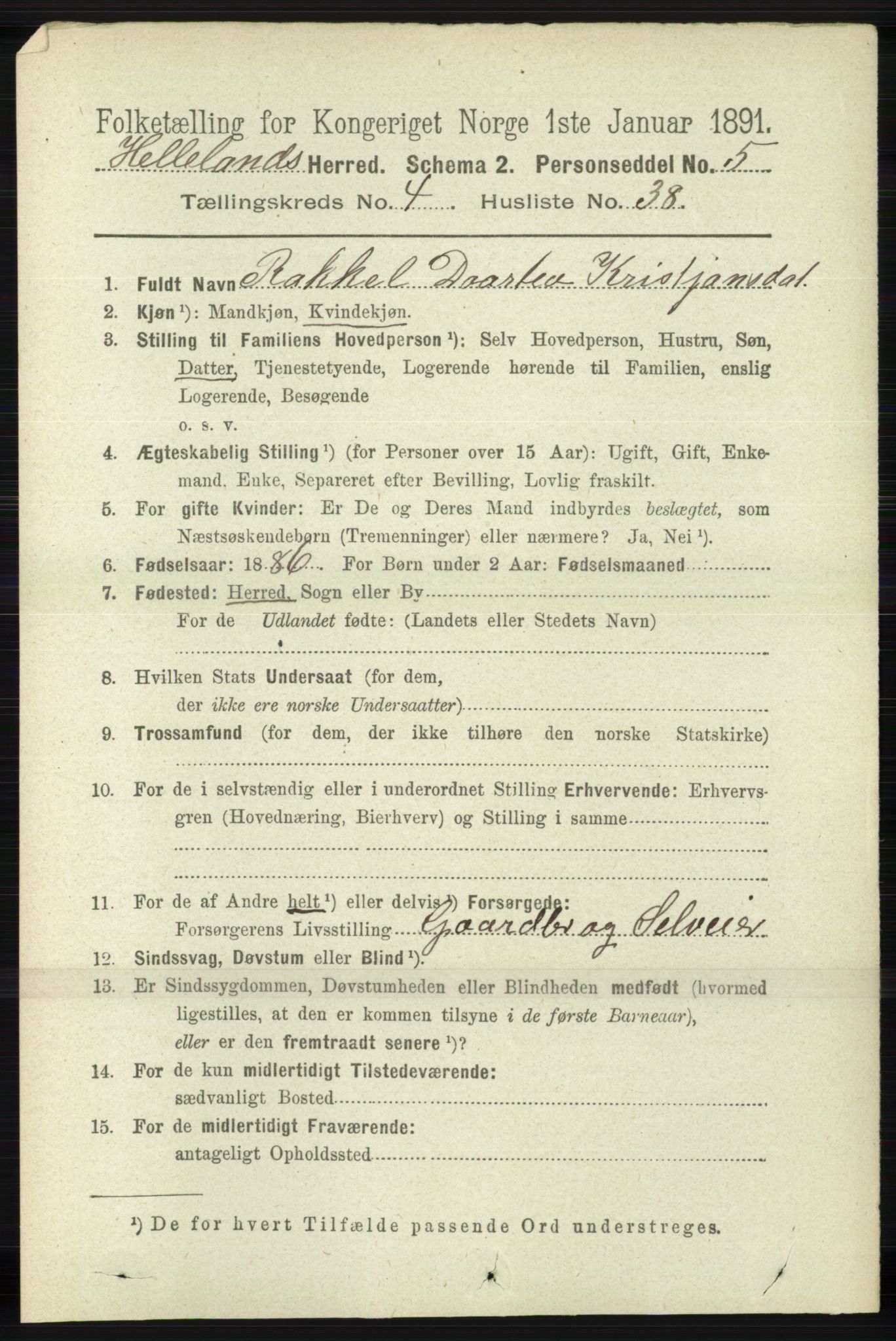 RA, 1891 census for 1115 Helleland, 1891, p. 1405