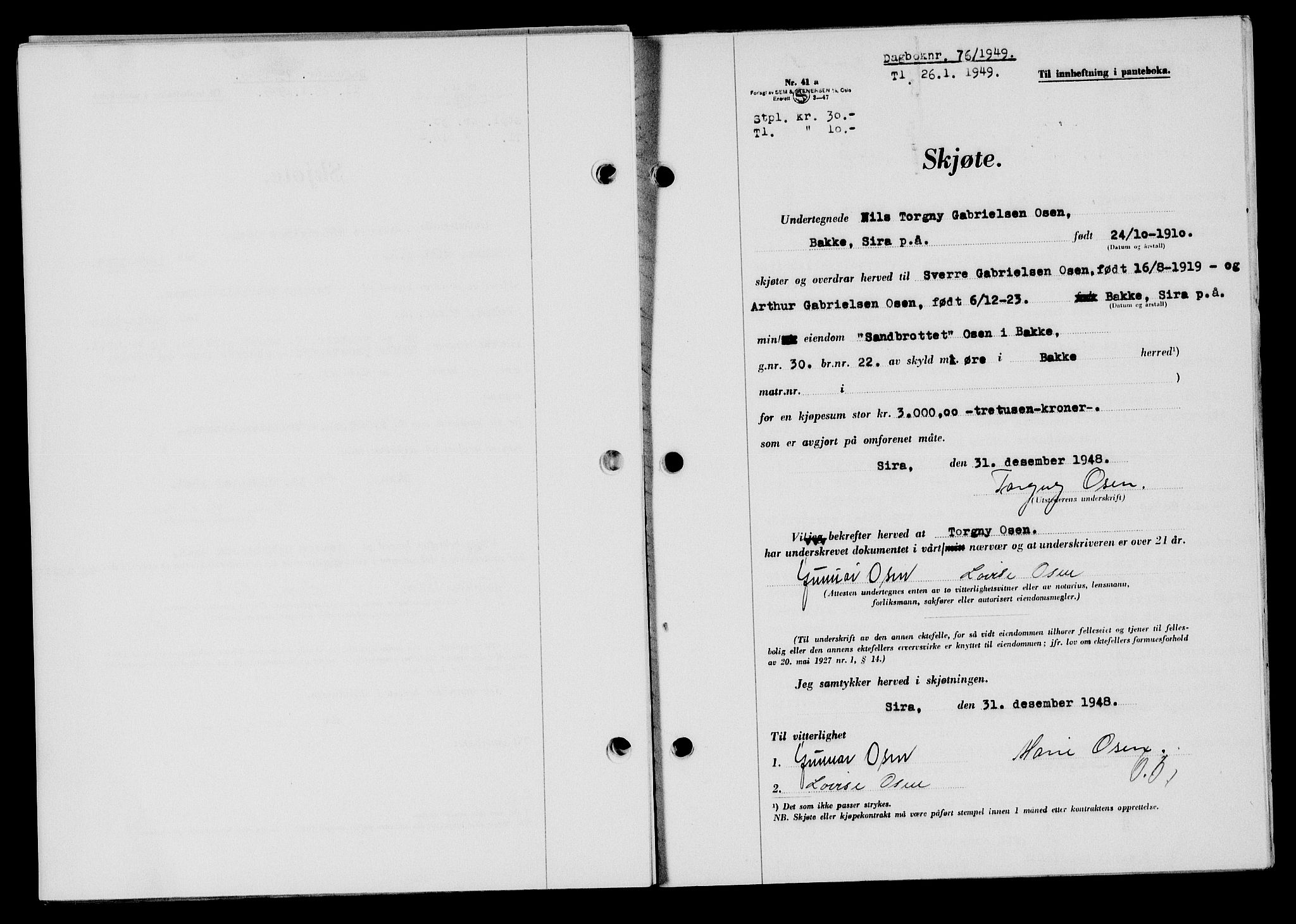 Flekkefjord sorenskriveri, SAK/1221-0001/G/Gb/Gba/L0064: Mortgage book no. A-12, 1948-1949, Diary no: : 76/1949