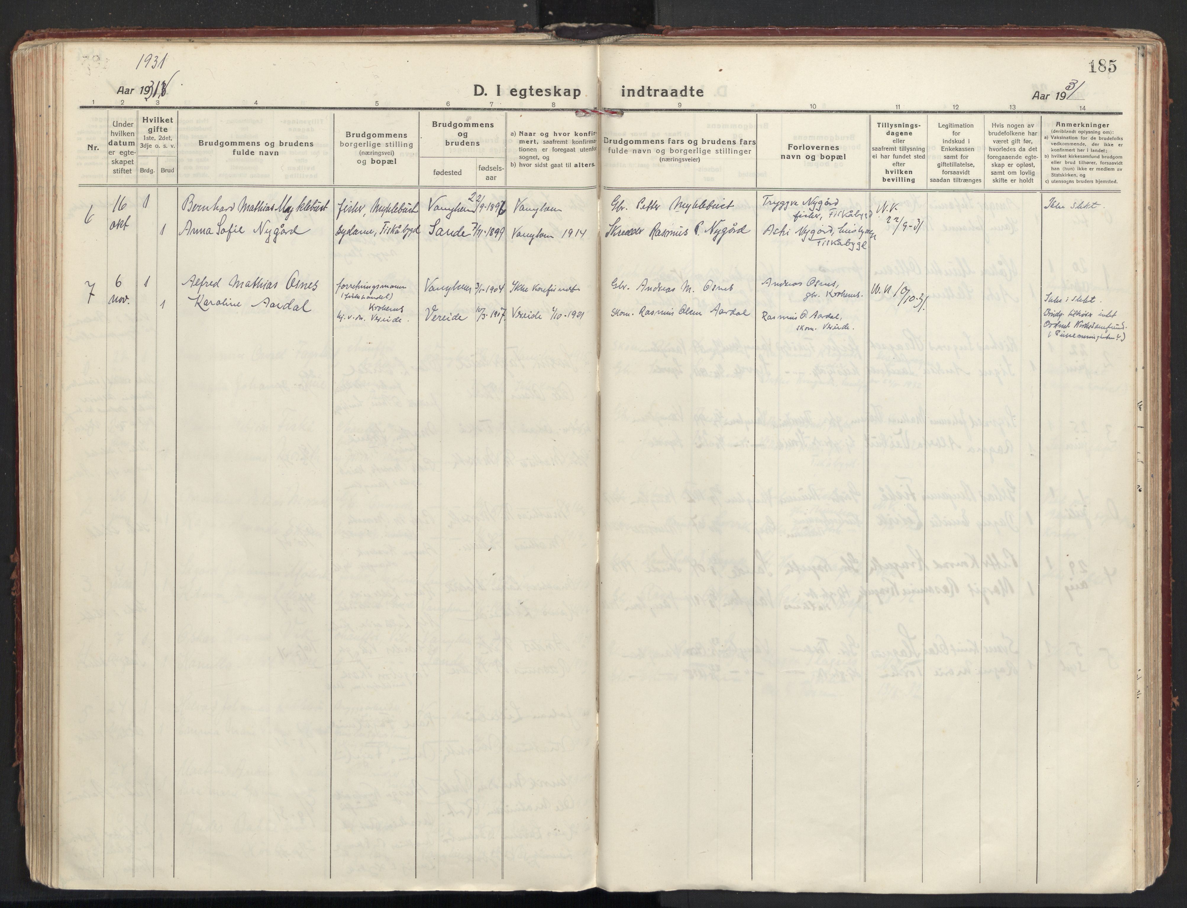 Ministerialprotokoller, klokkerbøker og fødselsregistre - Møre og Romsdal, AV/SAT-A-1454/501/L0012: Parish register (official) no. 501A12, 1920-1946, p. 185