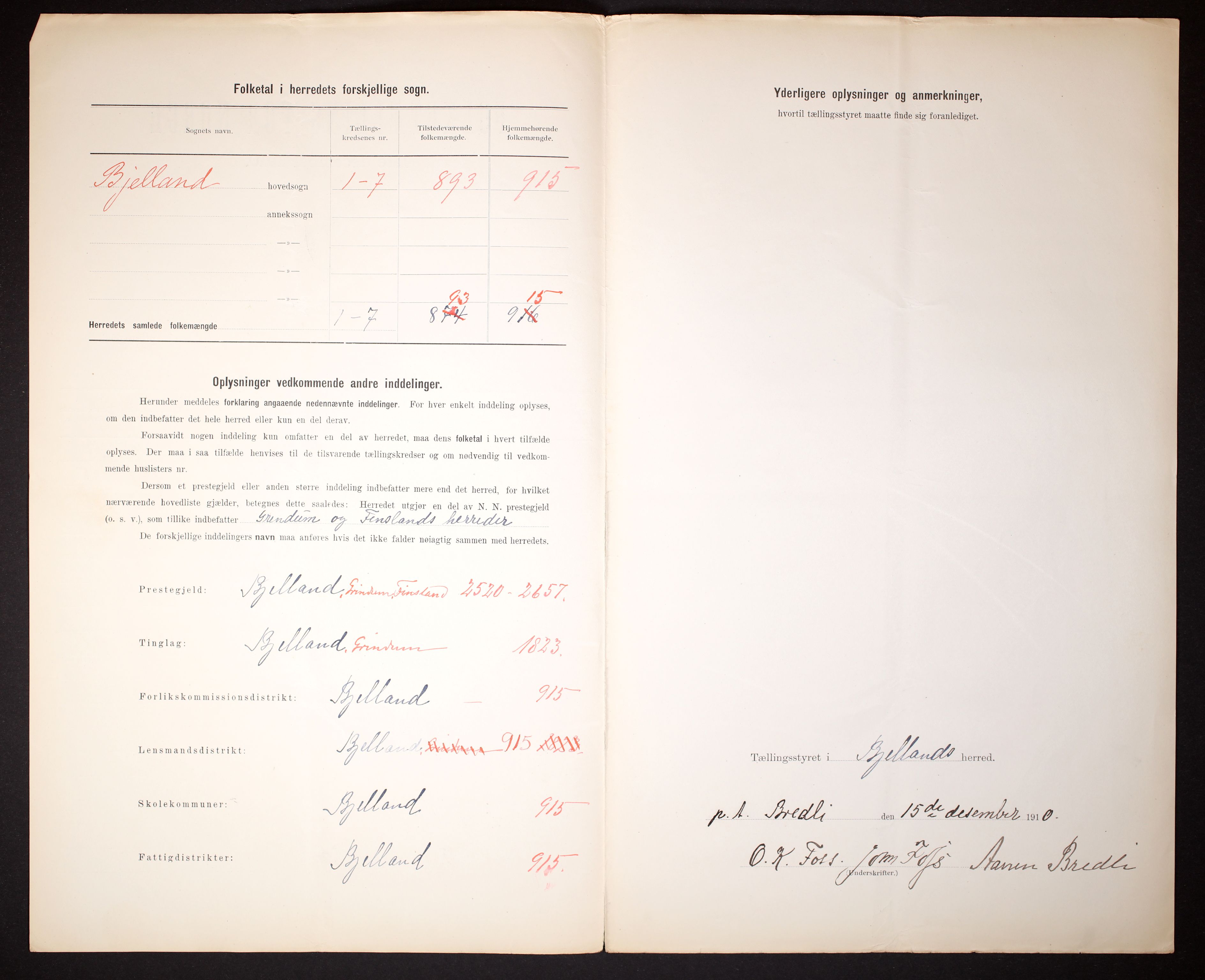 RA, 1910 census for Bjelland, 1910, p. 3