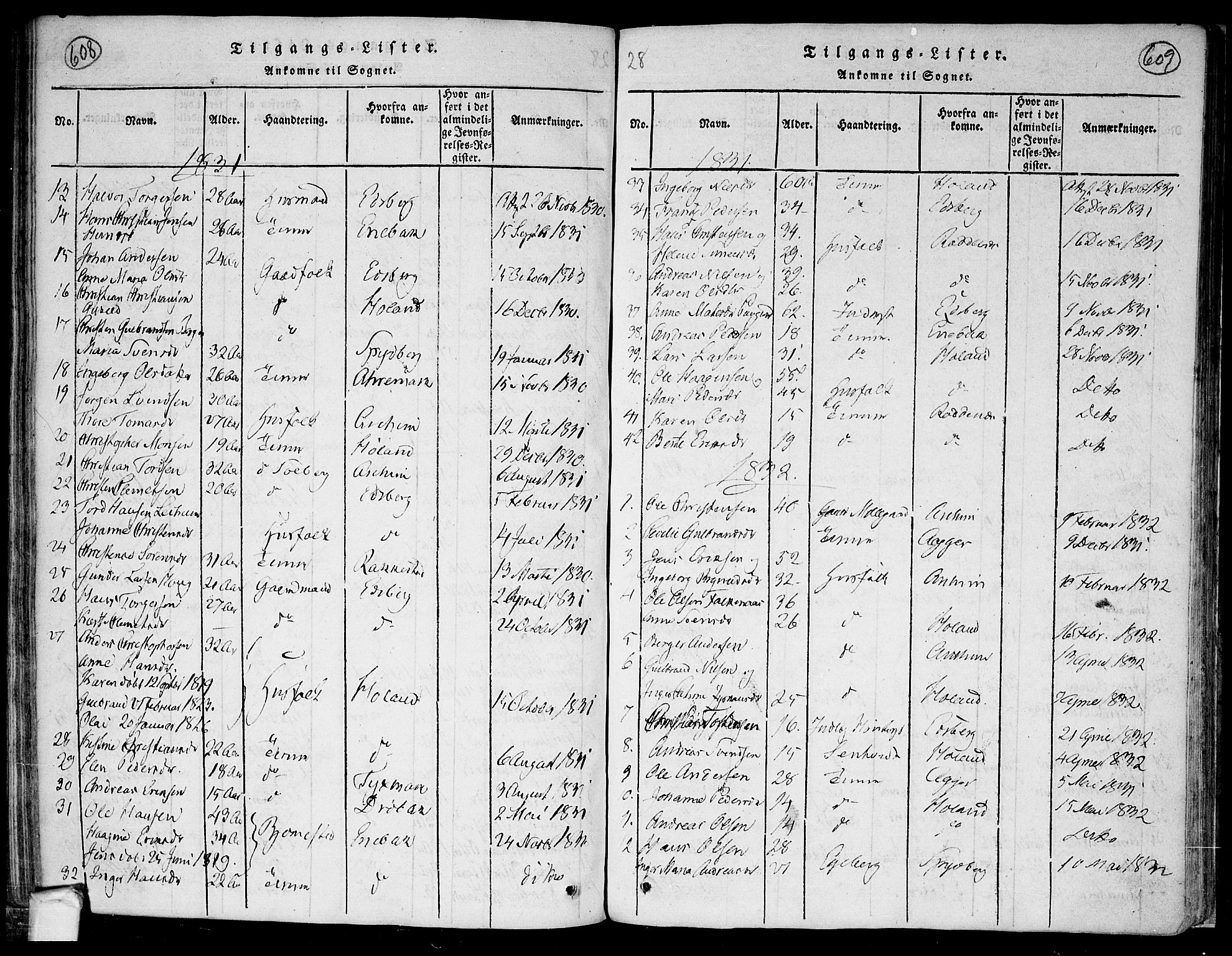 Trøgstad prestekontor Kirkebøker, AV/SAO-A-10925/F/Fa/L0006: Parish register (official) no. I 6, 1815-1844, p. 608-609