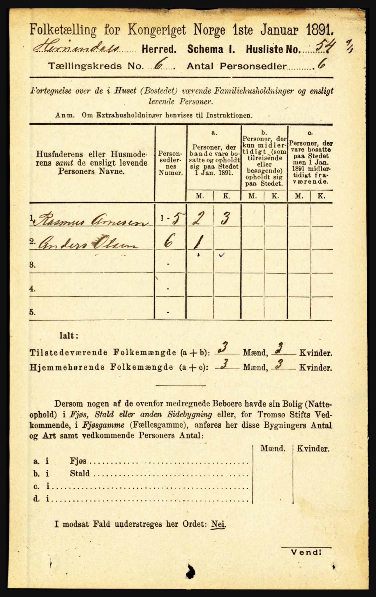 RA, 1891 census for 1444 Hornindal, 1891, p. 1401