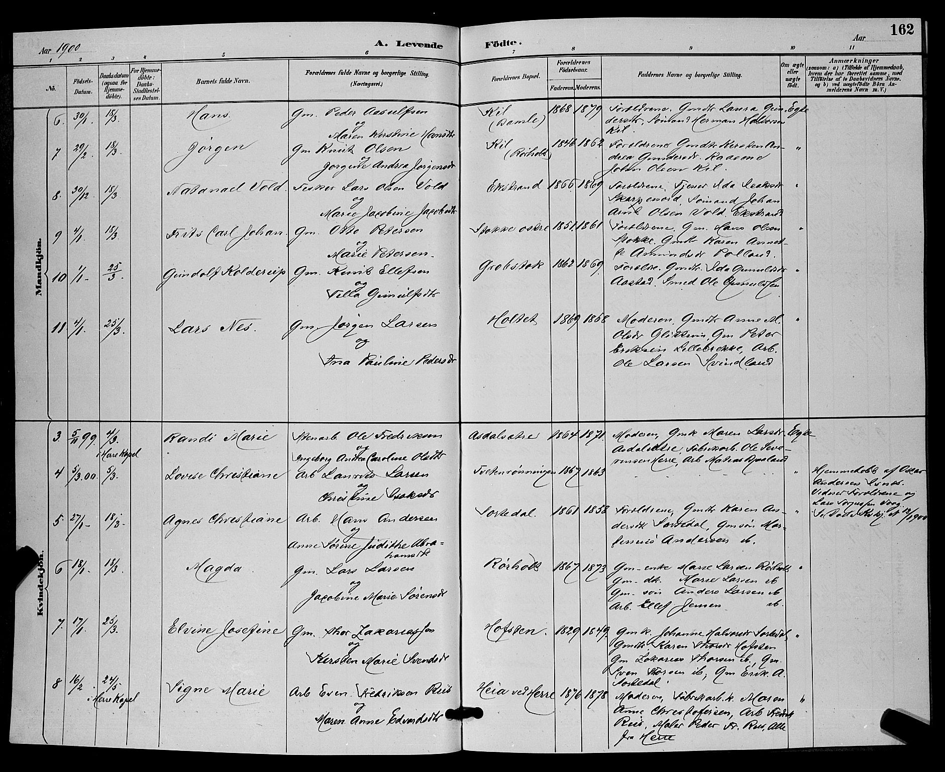 Bamble kirkebøker, SAKO/A-253/G/Ga/L0009: Parish register (copy) no. I 9, 1888-1900, p. 162