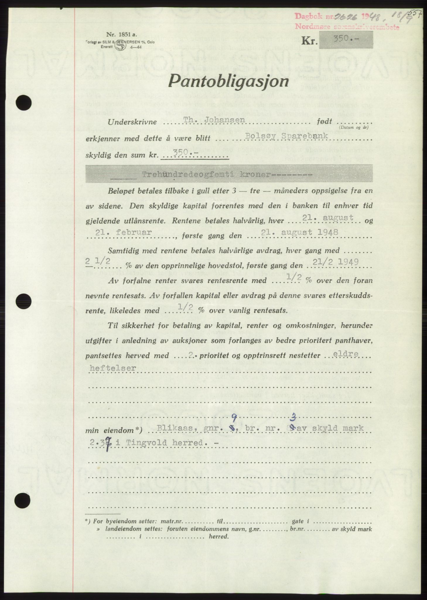 Nordmøre sorenskriveri, AV/SAT-A-4132/1/2/2Ca: Mortgage book no. B99, 1948-1948, Diary no: : 2626/1948