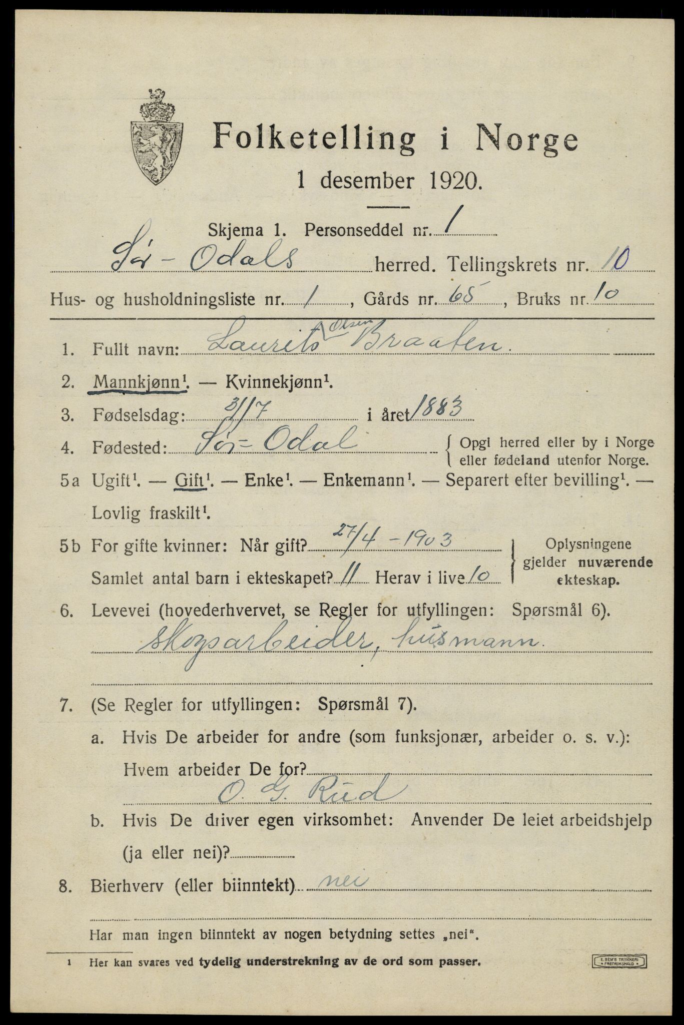 SAH, 1920 census for Sør-Odal, 1920, p. 11555