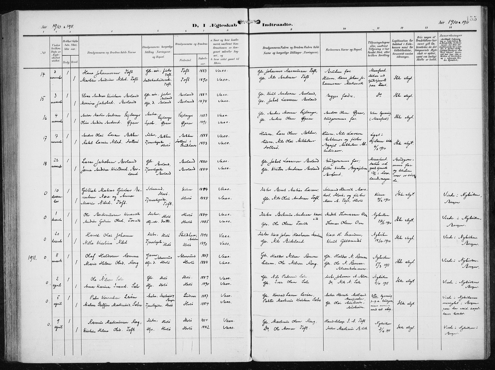Herdla Sokneprestembete, SAB/A-75701/H/Haa: Parish register (official) no. A 5, 1905-1918, p. 155