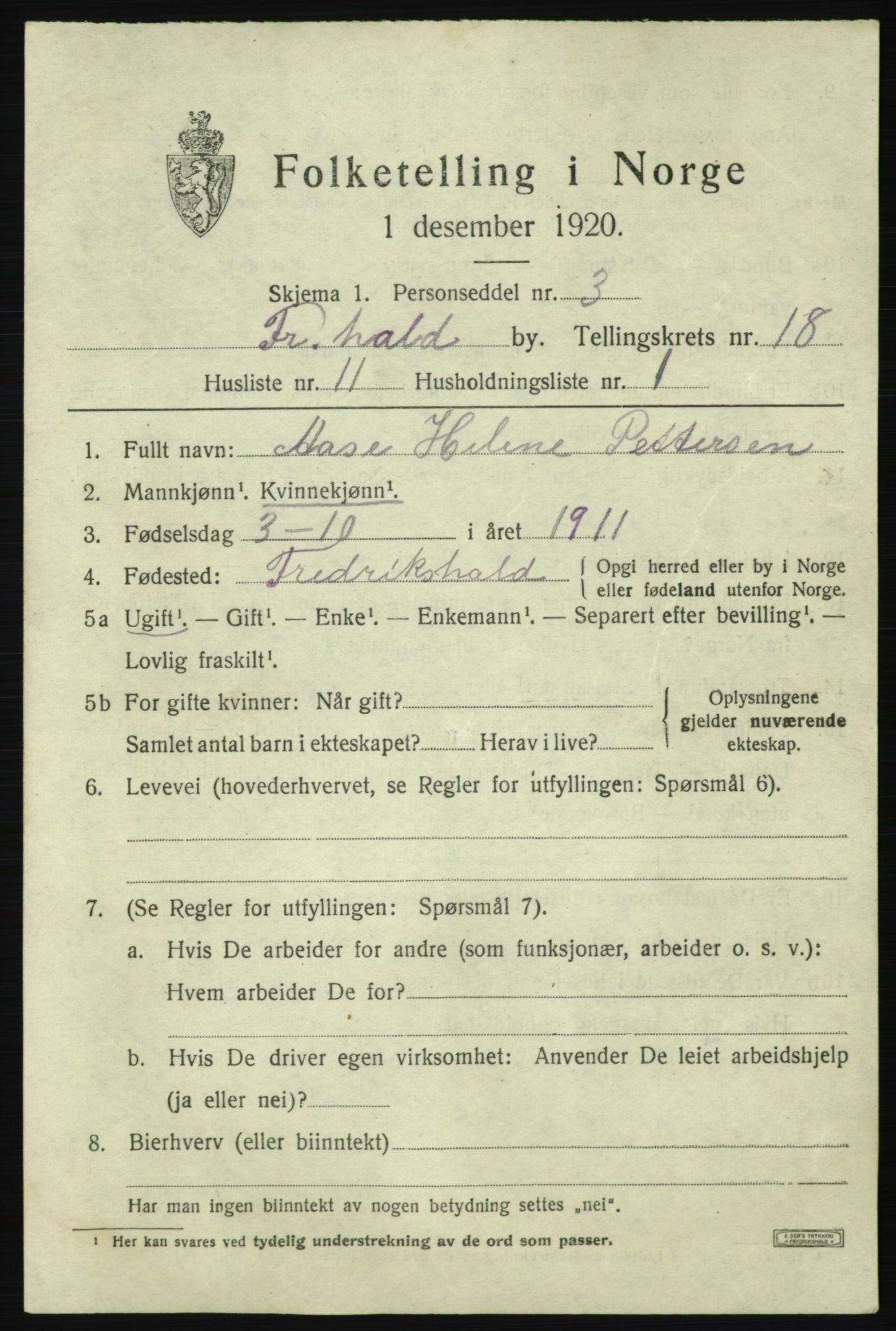 SAO, 1920 census for Fredrikshald, 1920, p. 27331
