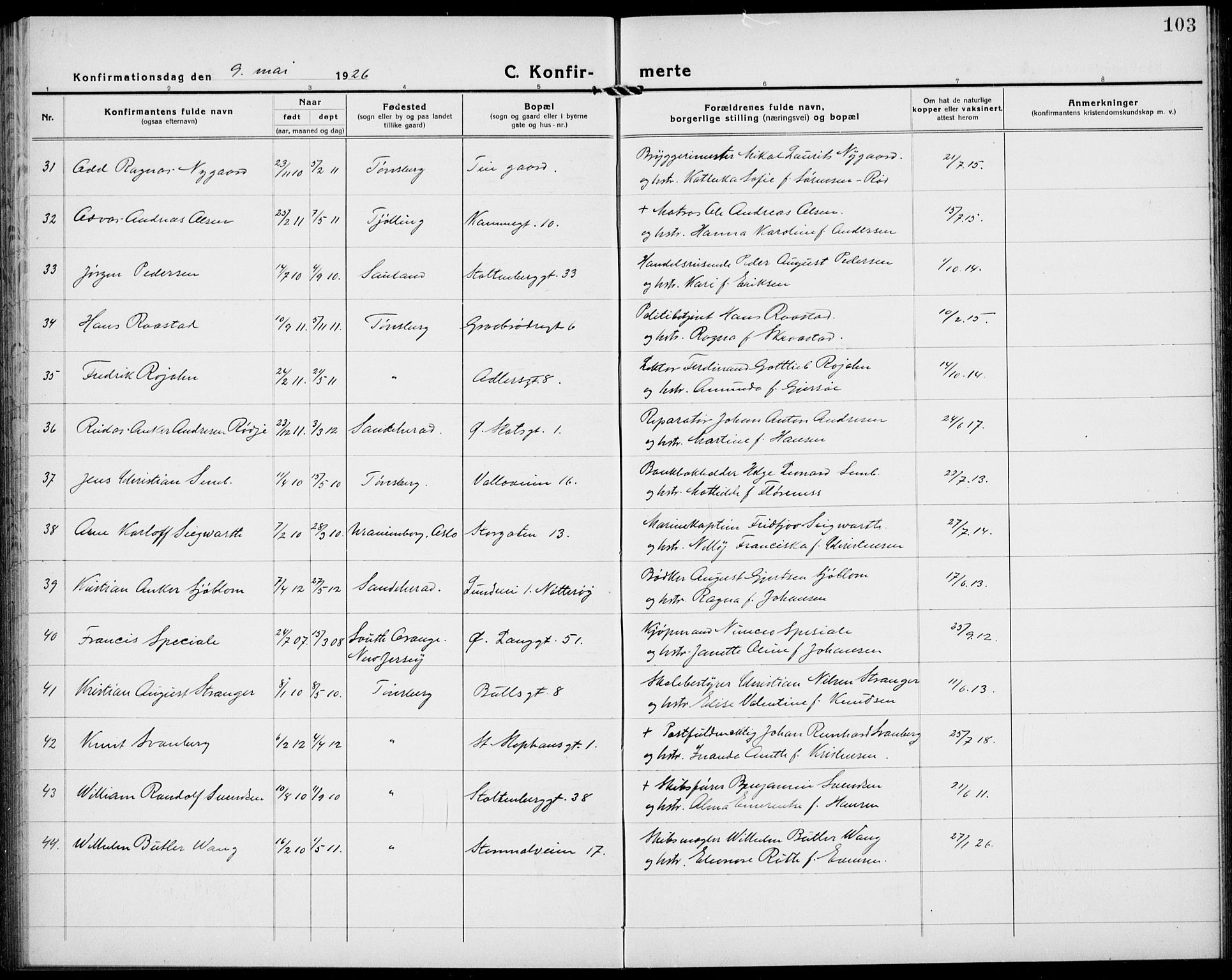 Tønsberg kirkebøker, AV/SAKO-A-330/G/Ga/L0013: Parish register (copy) no. 13, 1920-1929, p. 103