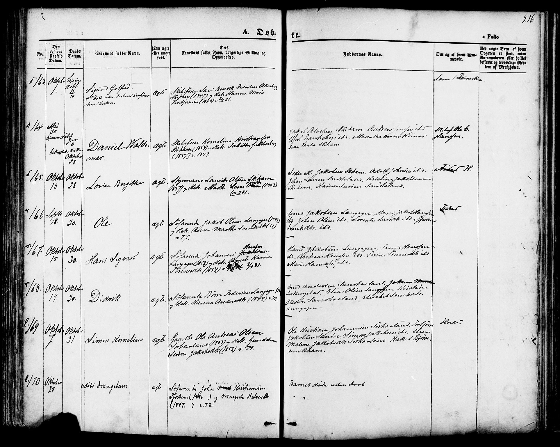 Skudenes sokneprestkontor, AV/SAST-A -101849/H/Ha/Haa/L0006: Parish register (official) no. A 4, 1864-1881, p. 216