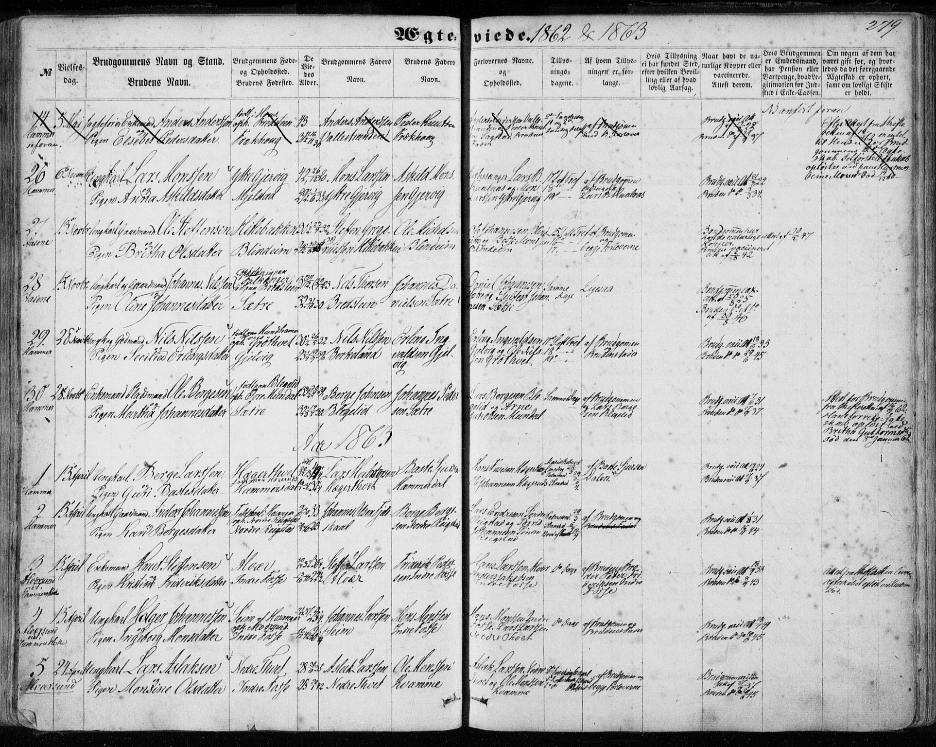 Hamre sokneprestembete, SAB/A-75501/H/Ha/Haa/Haaa/L0014: Parish register (official) no. A 14, 1858-1872, p. 279
