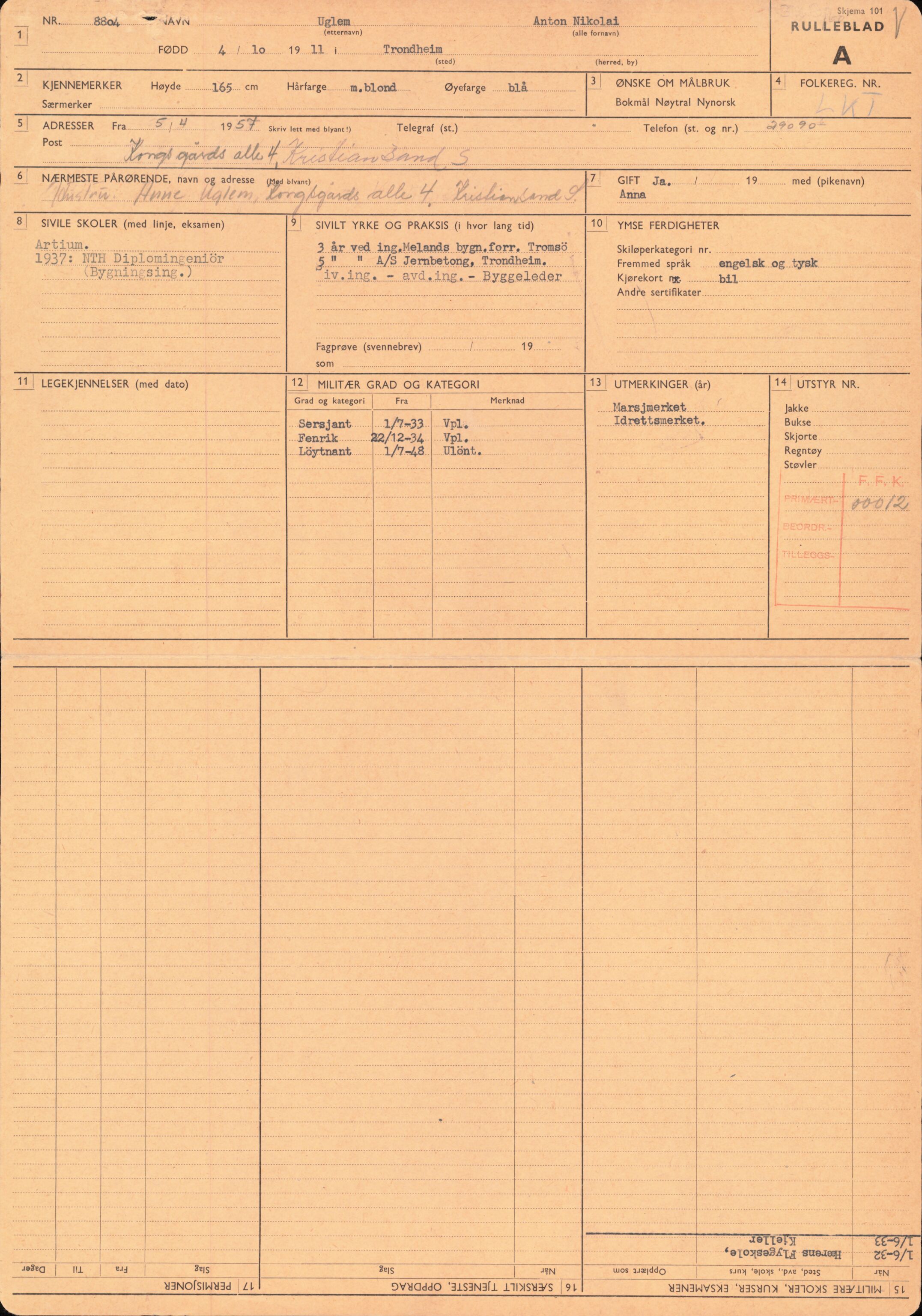 Forsvaret, Forsvarets overkommando/Luftforsvarsstaben, AV/RA-RAFA-4079/P/Pa/L0028: Personellpapirer, 1911, p. 267