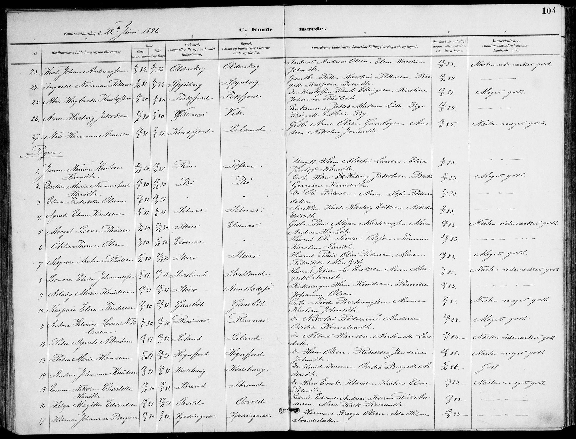 Ministerialprotokoller, klokkerbøker og fødselsregistre - Nordland, AV/SAT-A-1459/895/L1372: Parish register (official) no. 895A07, 1894-1914, p. 104