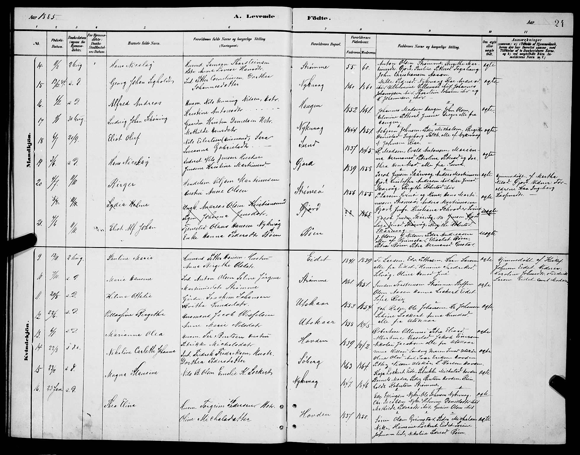 Ministerialprotokoller, klokkerbøker og fødselsregistre - Nordland, AV/SAT-A-1459/892/L1325: Parish register (copy) no. 892C02, 1878-1896, p. 24