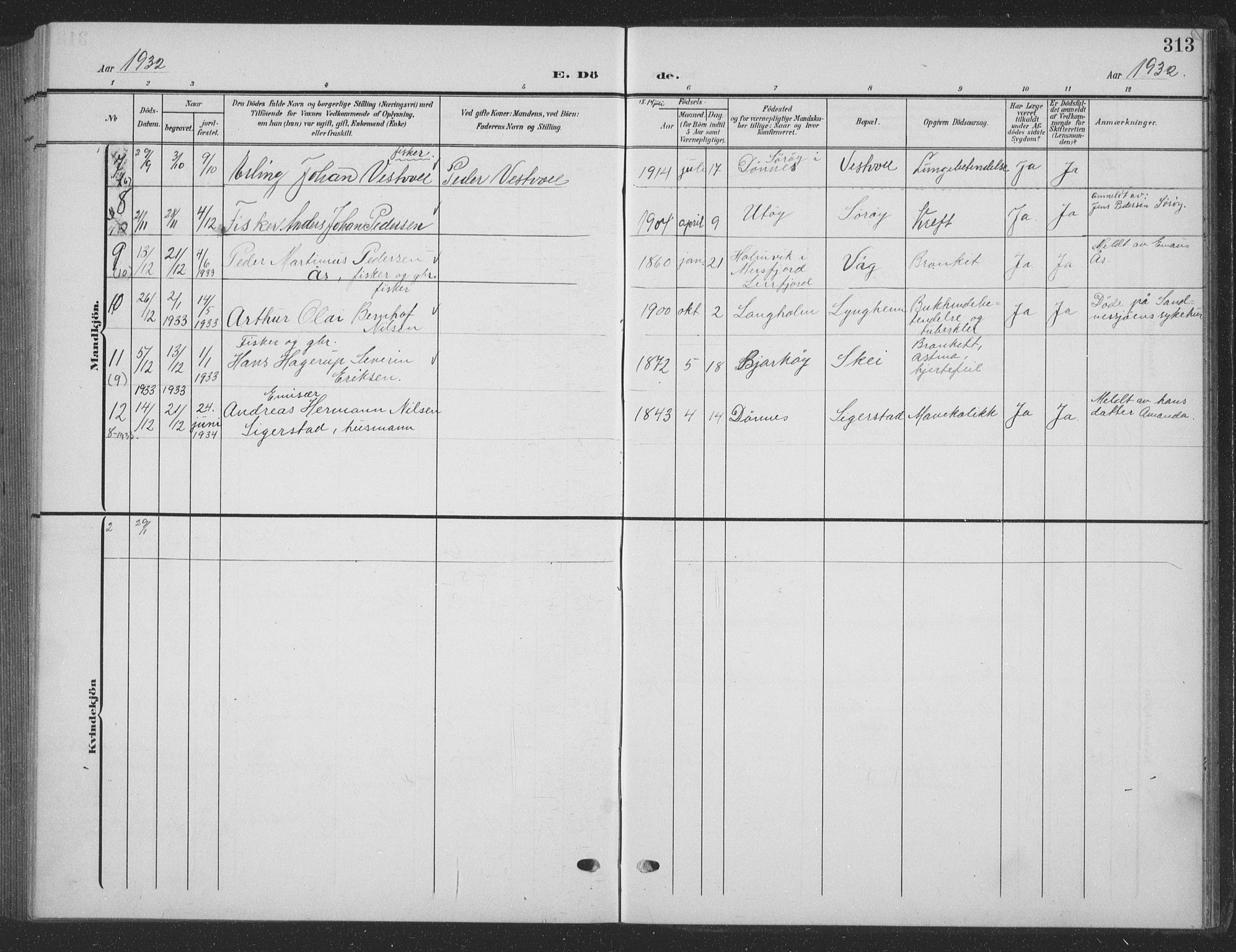 Ministerialprotokoller, klokkerbøker og fødselsregistre - Nordland, AV/SAT-A-1459/835/L0533: Parish register (copy) no. 835C05, 1906-1939, p. 313