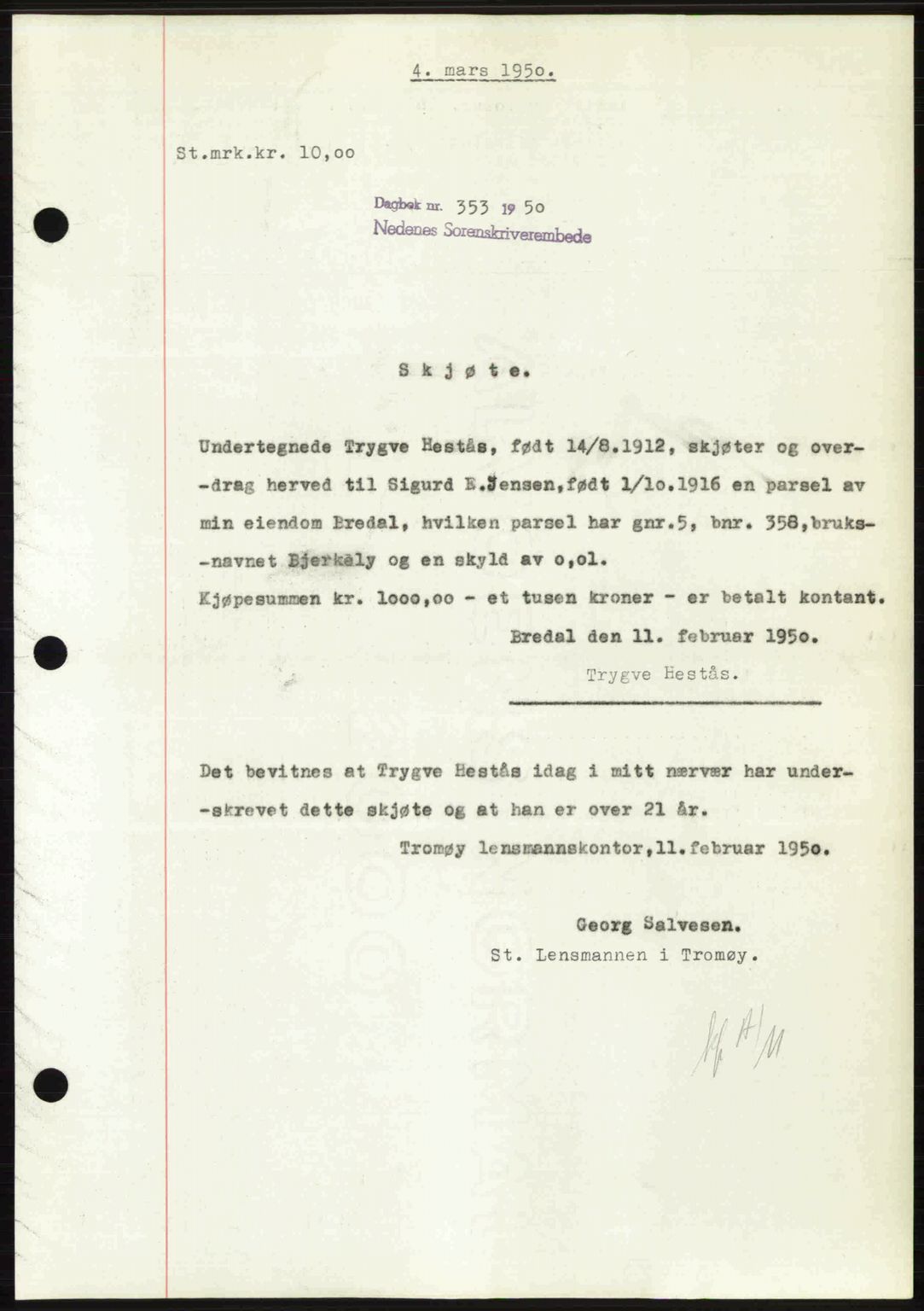 Nedenes sorenskriveri, SAK/1221-0006/G/Gb/Gba/L0062: Mortgage book no. A14, 1949-1950, Diary no: : 353/1950