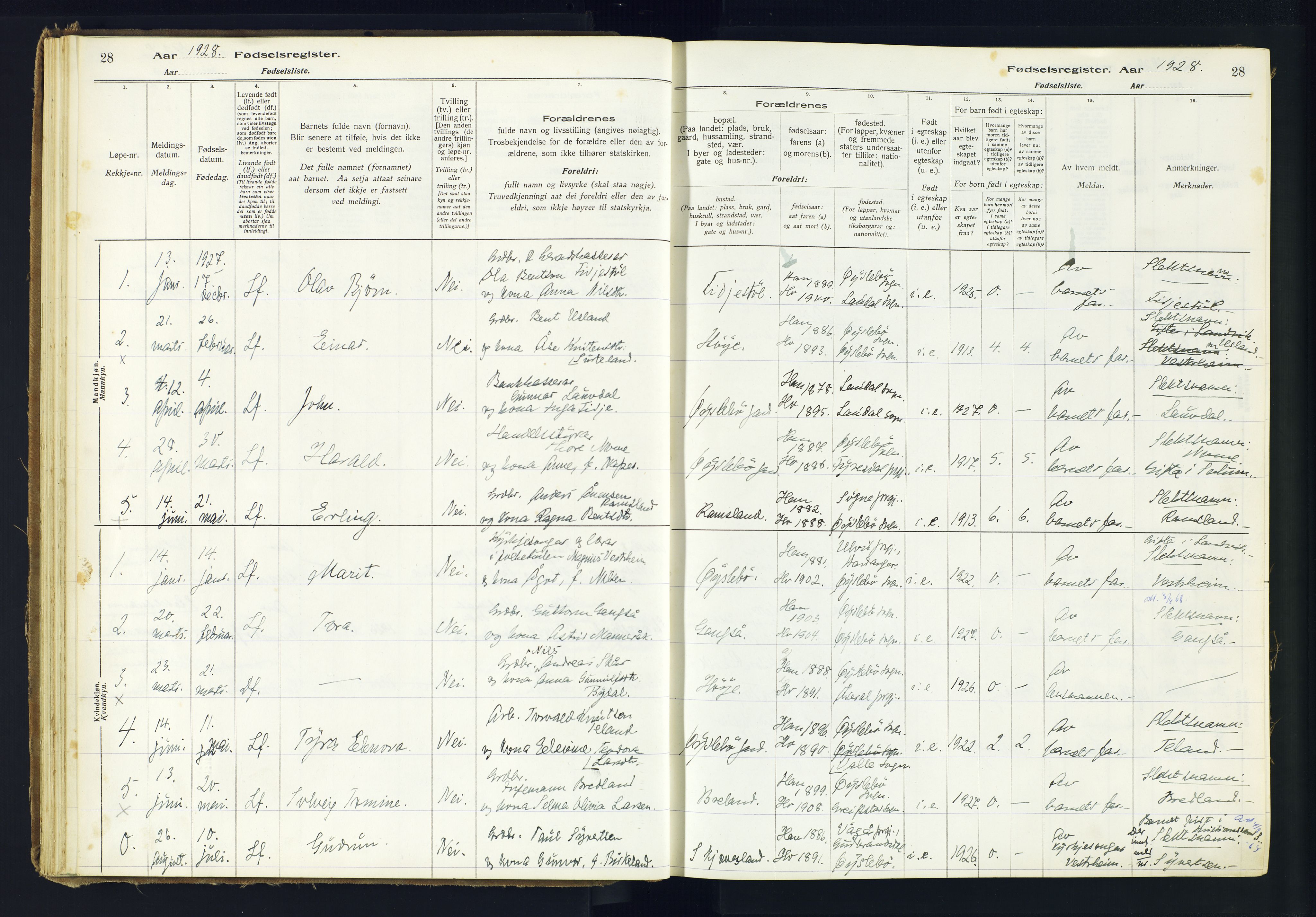 Holum sokneprestkontor, SAK/1111-0022/J/Ja/L0002: Birth register no. II.6.11, 1916-1982, p. 28