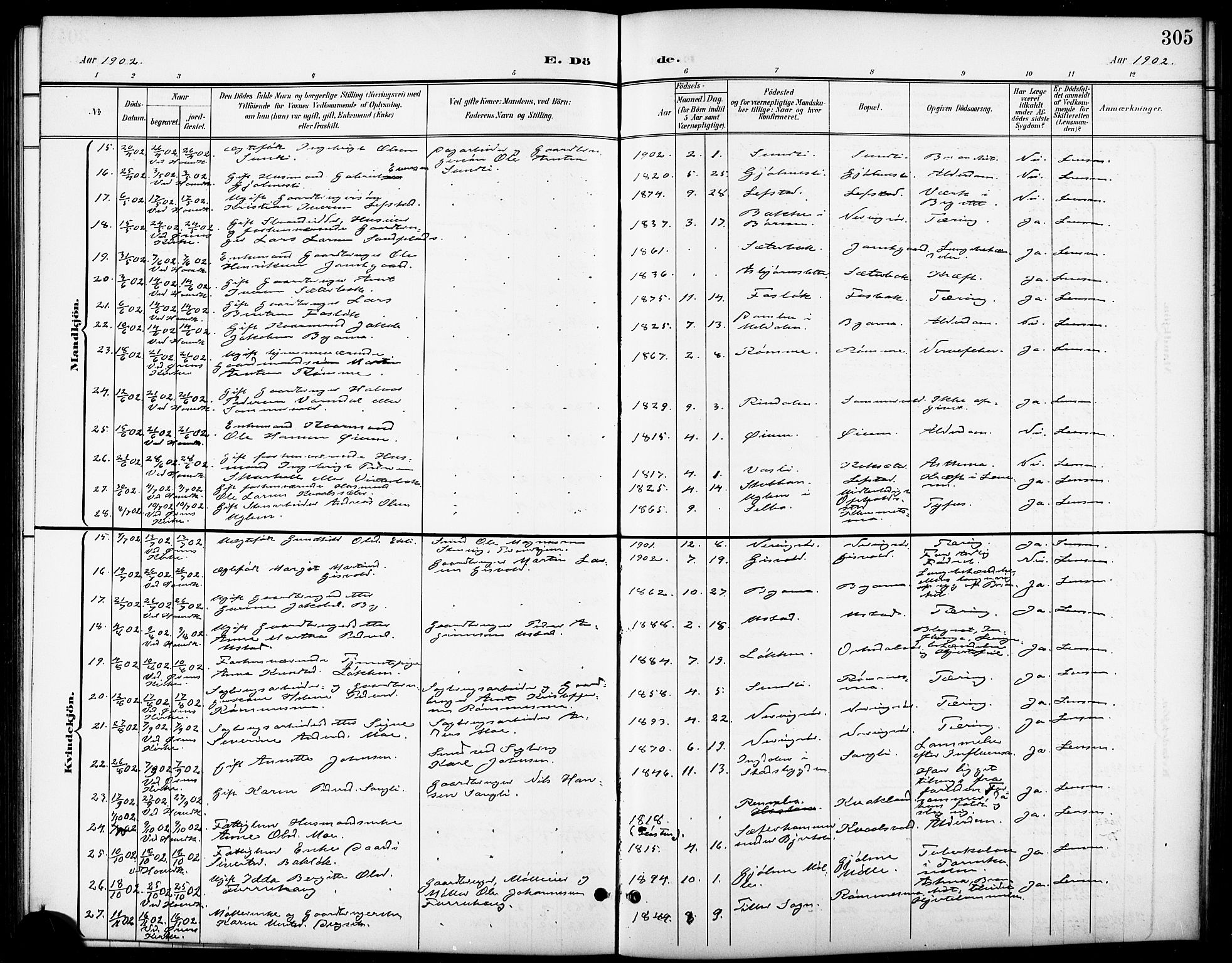 Ministerialprotokoller, klokkerbøker og fødselsregistre - Sør-Trøndelag, SAT/A-1456/668/L0819: Parish register (copy) no. 668C08, 1899-1912, p. 305