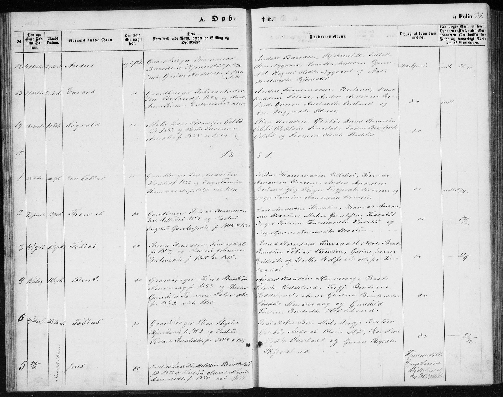 Holum sokneprestkontor, SAK/1111-0022/F/Fb/Fbc/L0002: Parish register (copy) no. B 2, 1860-1882, p. 31