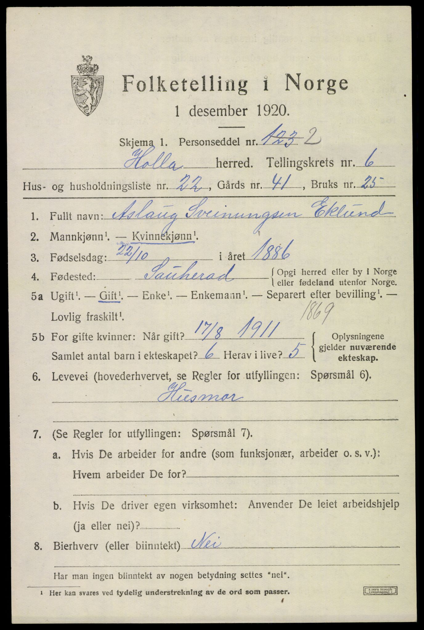 SAKO, 1920 census for Holla, 1920, p. 4669