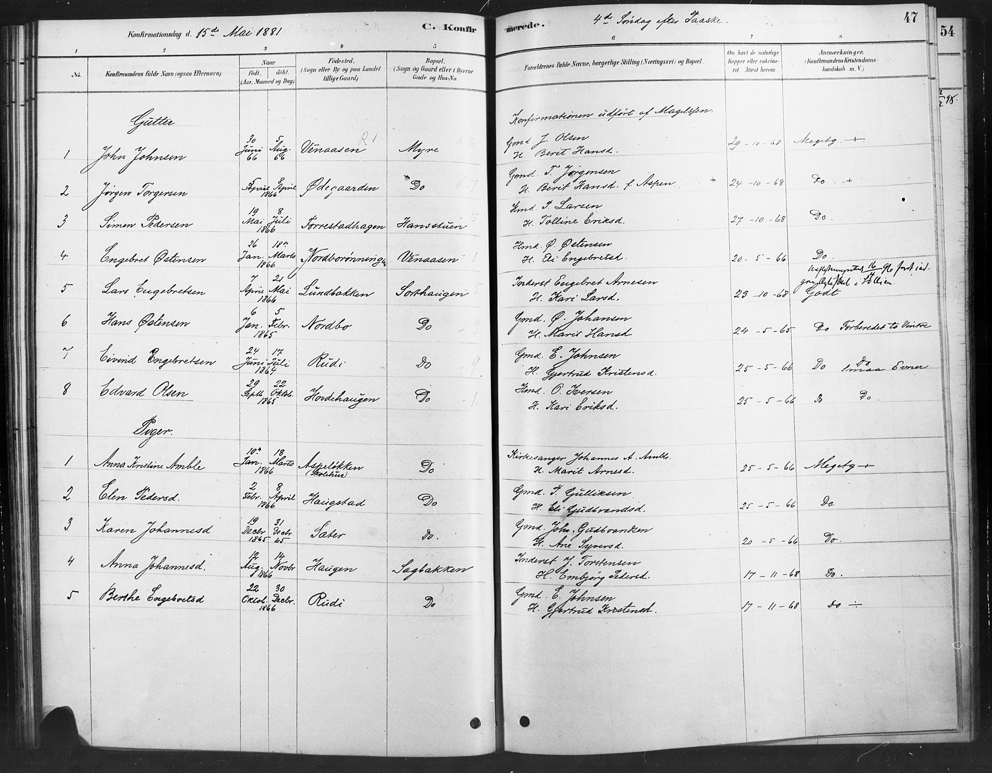 Ringebu prestekontor, AV/SAH-PREST-082/H/Ha/Haa/L0010: Parish register (official) no. 10, 1878-1898, p. 47