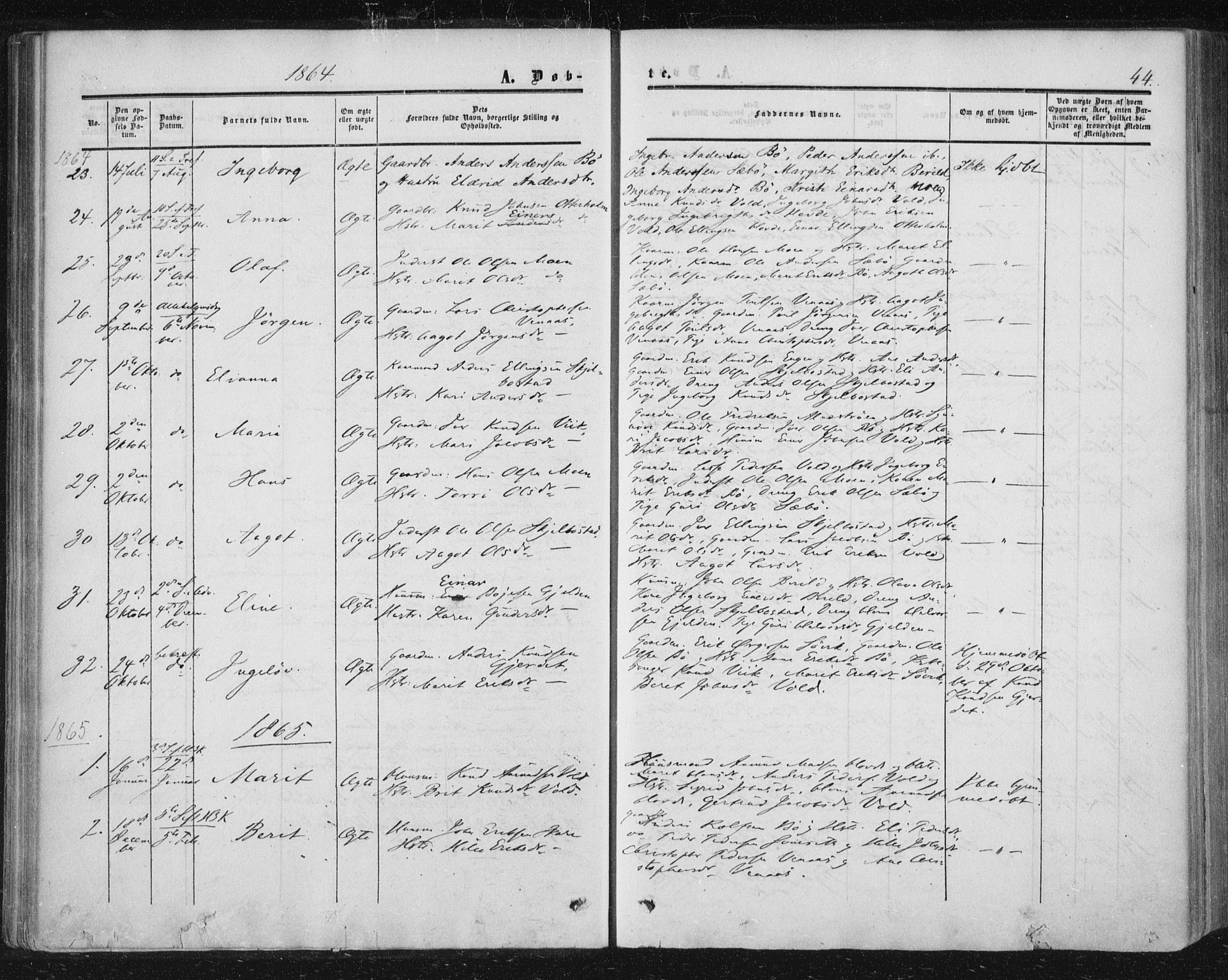 Ministerialprotokoller, klokkerbøker og fødselsregistre - Møre og Romsdal, AV/SAT-A-1454/543/L0562: Parish register (official) no. 543A02, 1854-1884, p. 44