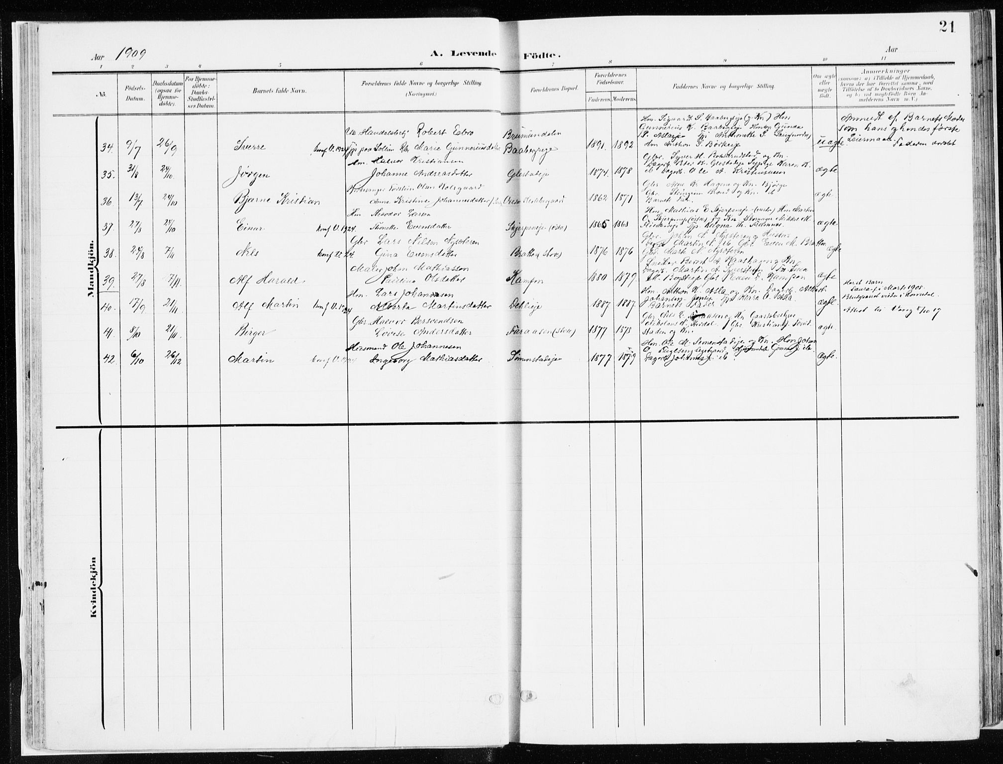 Ringsaker prestekontor, AV/SAH-PREST-014/K/Ka/L0019: Parish register (official) no. 19, 1905-1920, p. 21