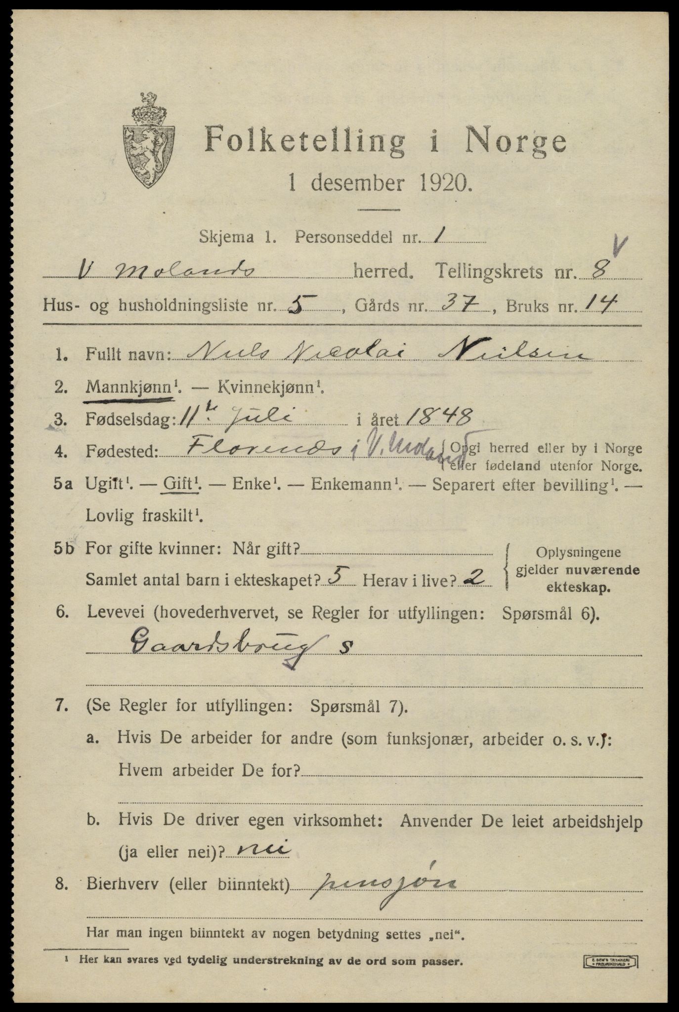 SAK, 1920 census for Vestre Moland, 1920, p. 5239