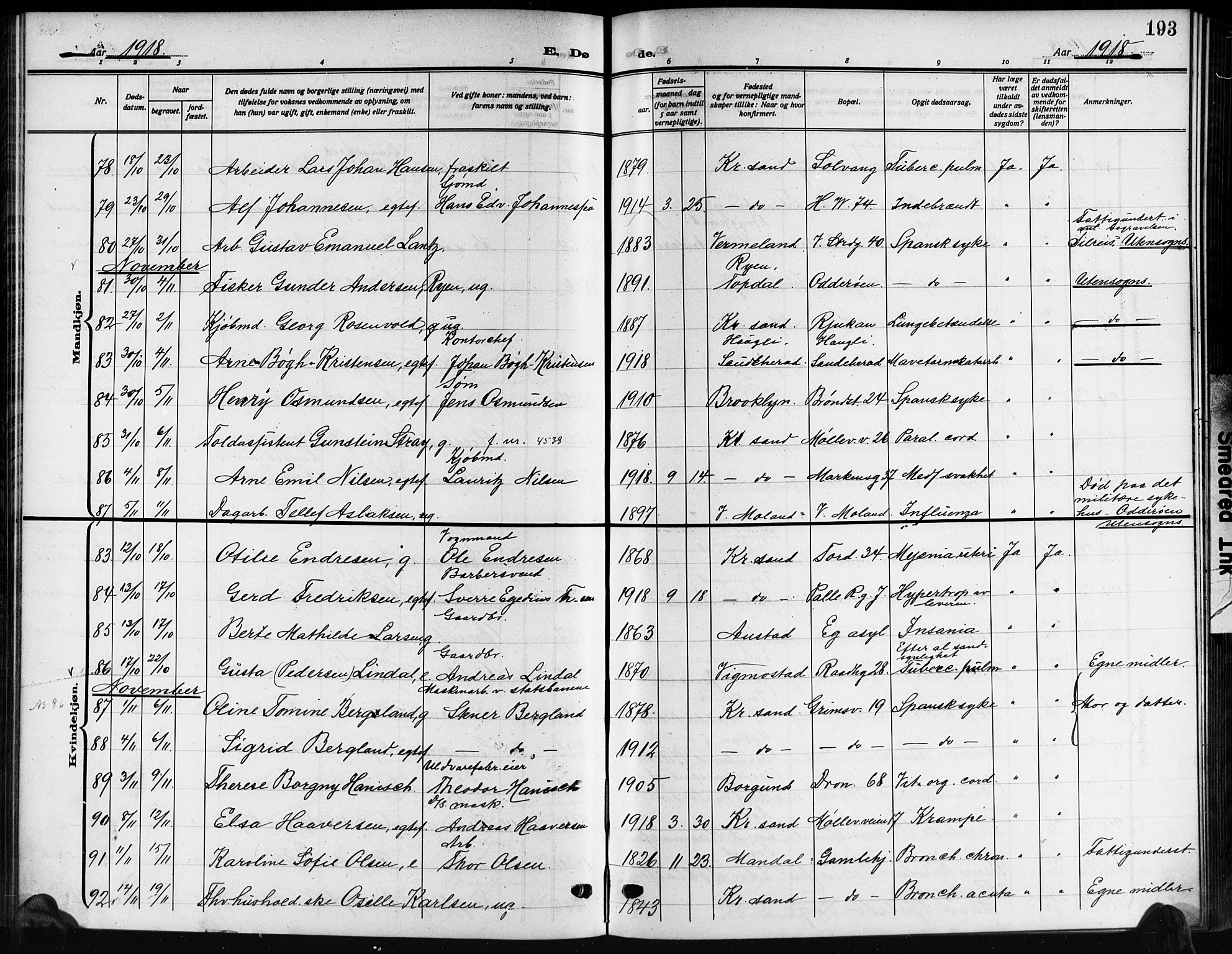 Kristiansand domprosti, SAK/1112-0006/F/Fb/L0022: Parish register (copy) no. B 22, 1915-1925, p. 193