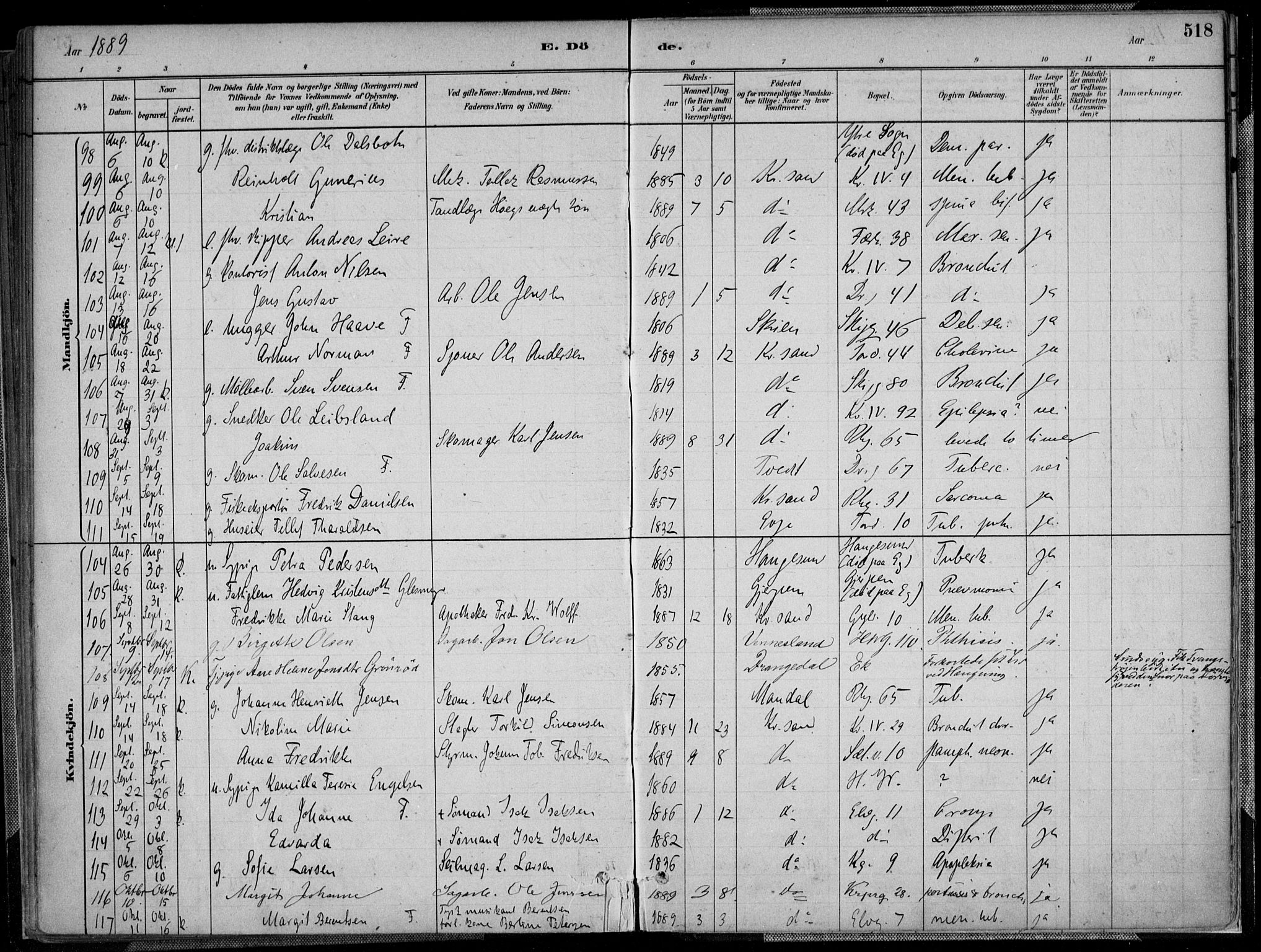 Kristiansand domprosti, SAK/1112-0006/F/Fa/L0017: Parish register (official) no. A 16B, 1880-1890, p. 518