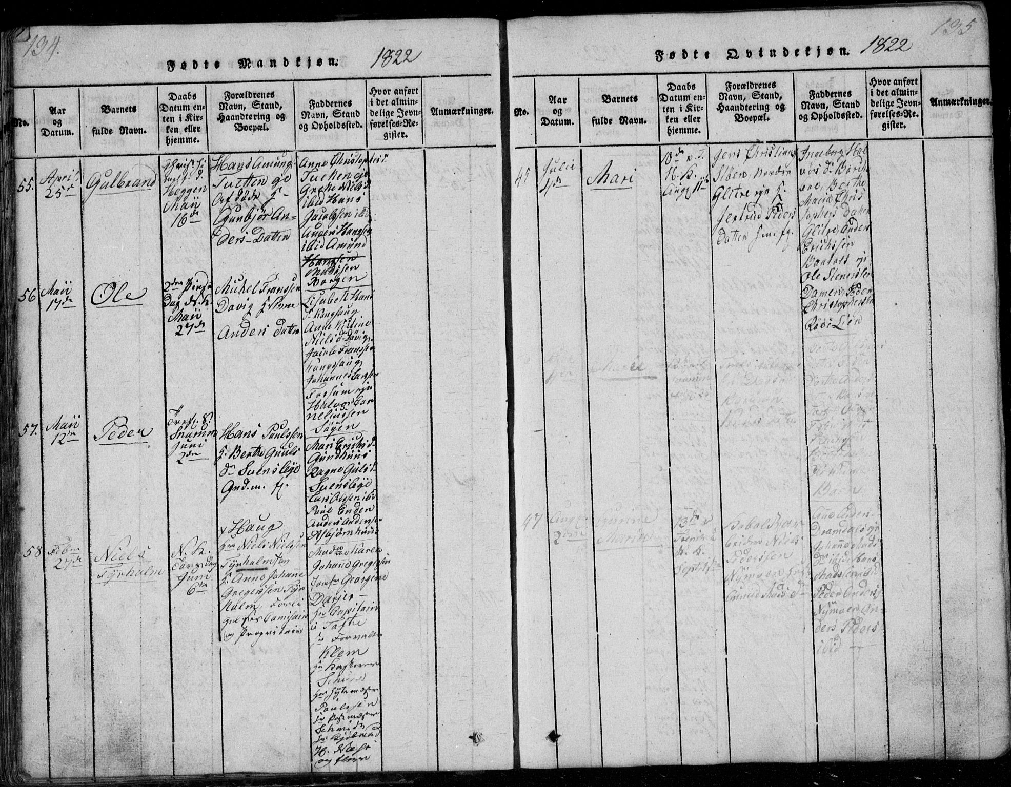 Modum kirkebøker, AV/SAKO-A-234/G/Ga/L0001: Parish register (copy) no. I 1, 1818-1824, p. 134-135