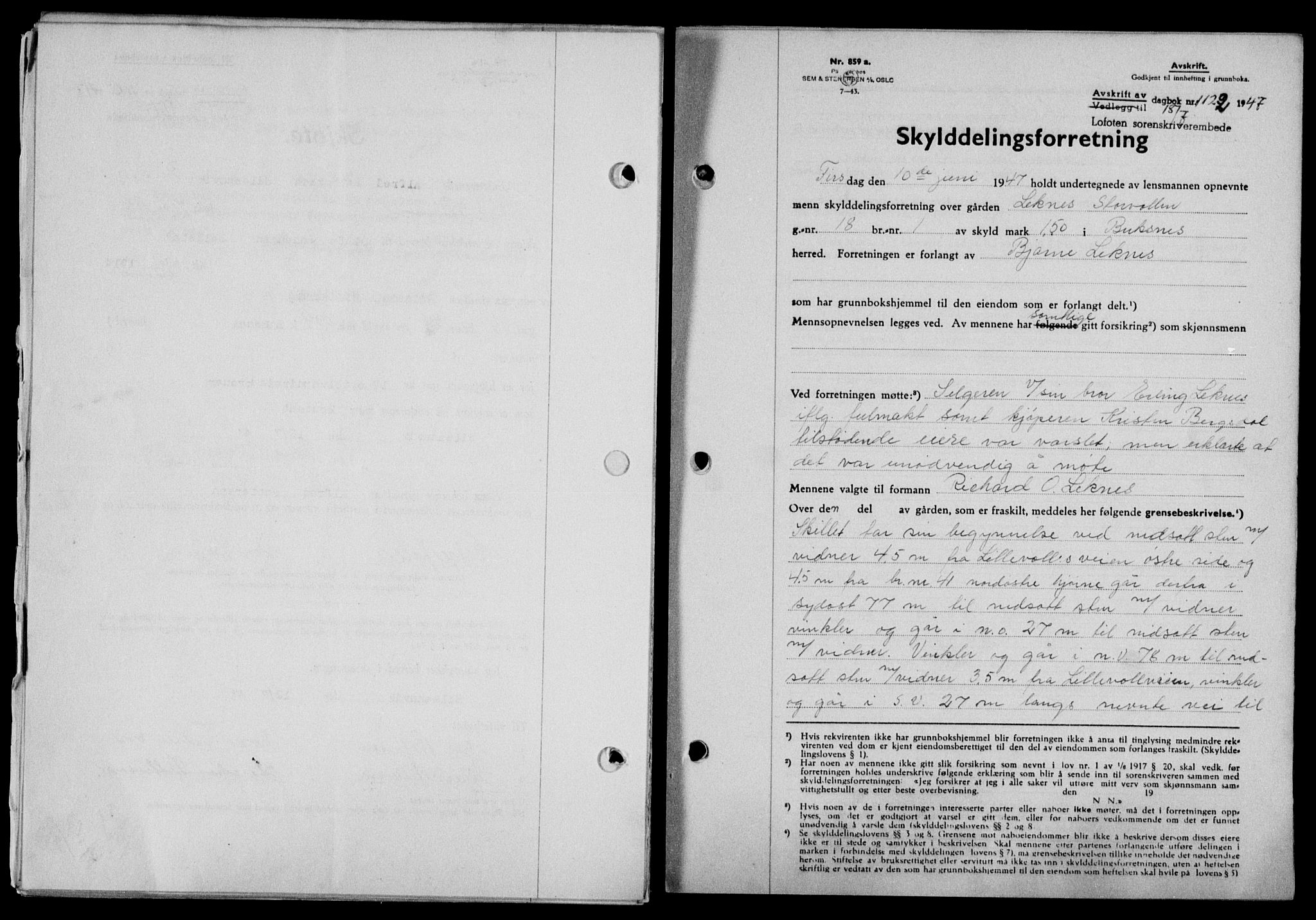 Lofoten sorenskriveri, SAT/A-0017/1/2/2C/L0016a: Mortgage book no. 16a, 1947-1947, Diary no: : 1122/1947