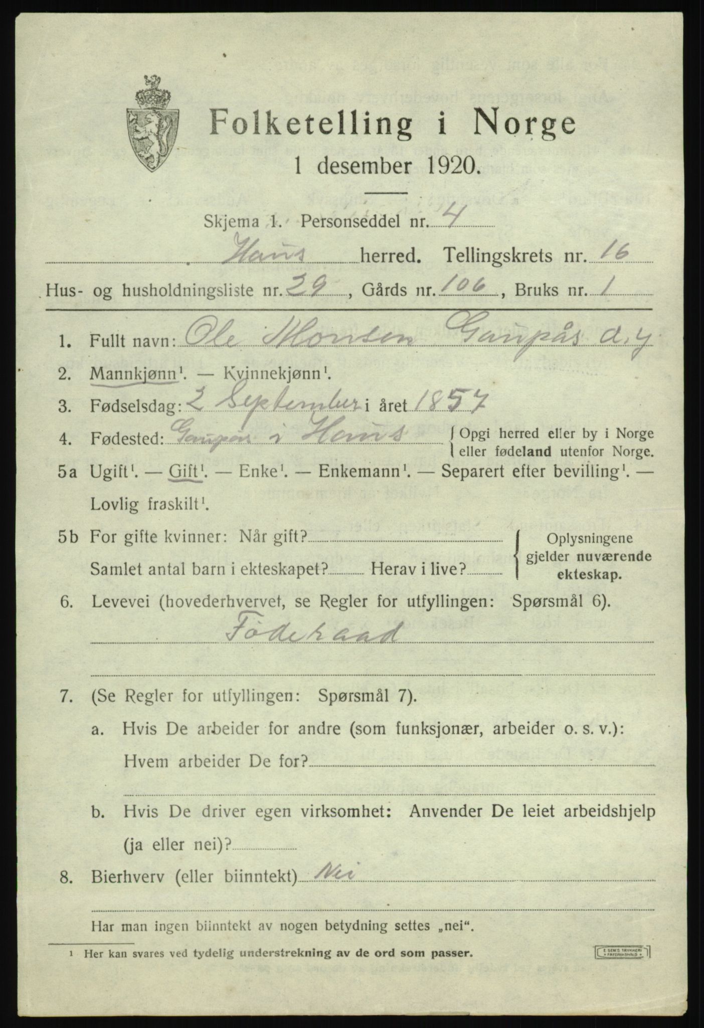 SAB, 1920 census for Haus, 1920, p. 10732