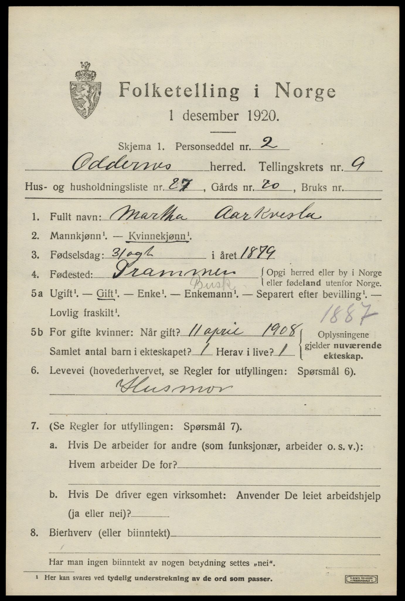 SAK, 1920 census for Oddernes, 1920, p. 6341