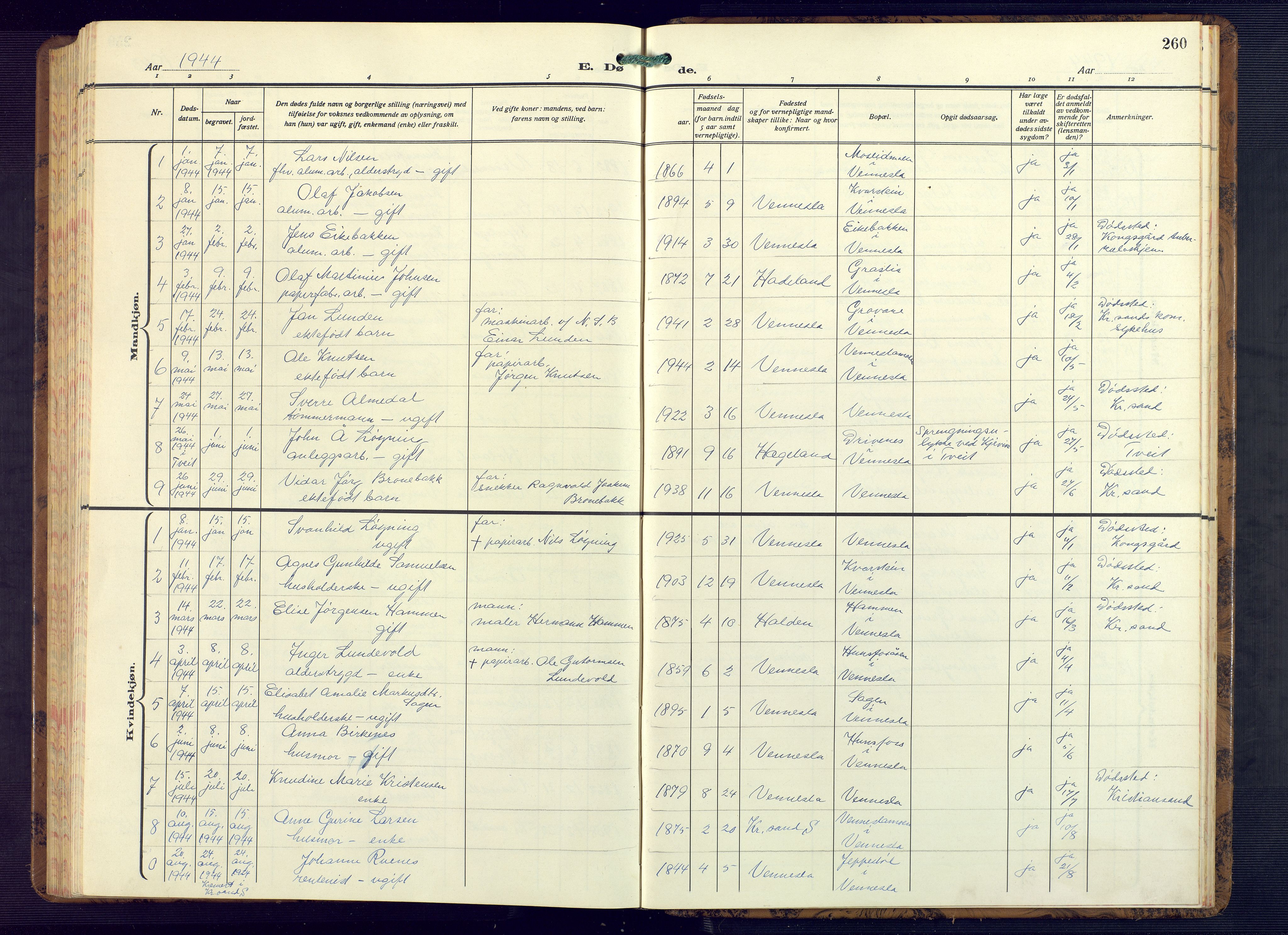 Vennesla sokneprestkontor, AV/SAK-1111-0045/Fb/Fbb/L0008: Parish register (copy) no. B 8, 1934-1947, p. 260